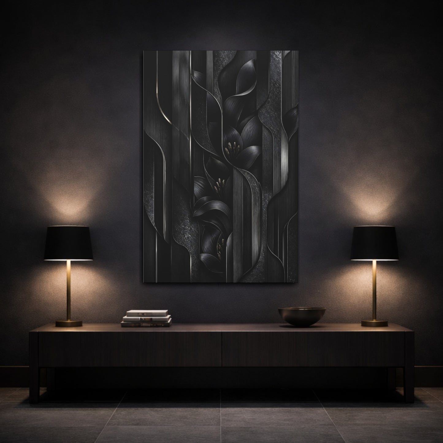 Mockup 3. Midnight Black Lily Panels shown as canvas print