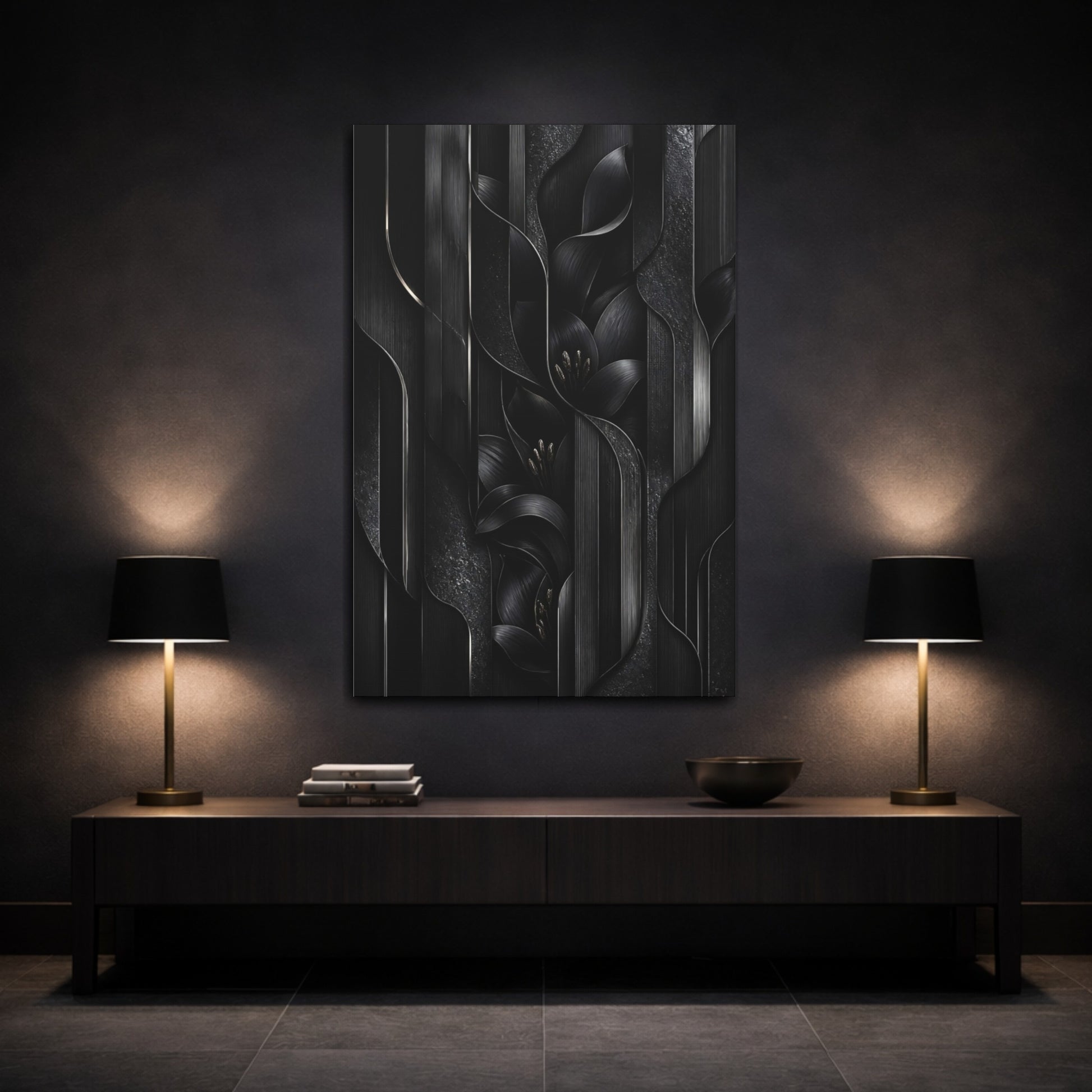 Mockup 3. Midnight Black Lily Panels shown as canvas print