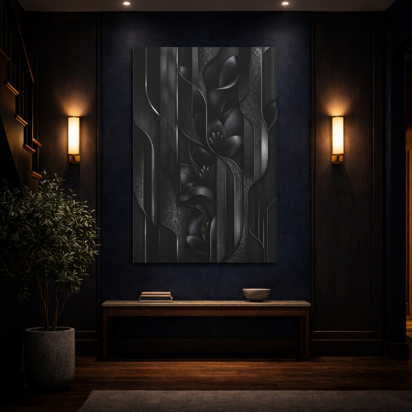 Mockup 4. Midnight Black Lily Panels shown as canvas print