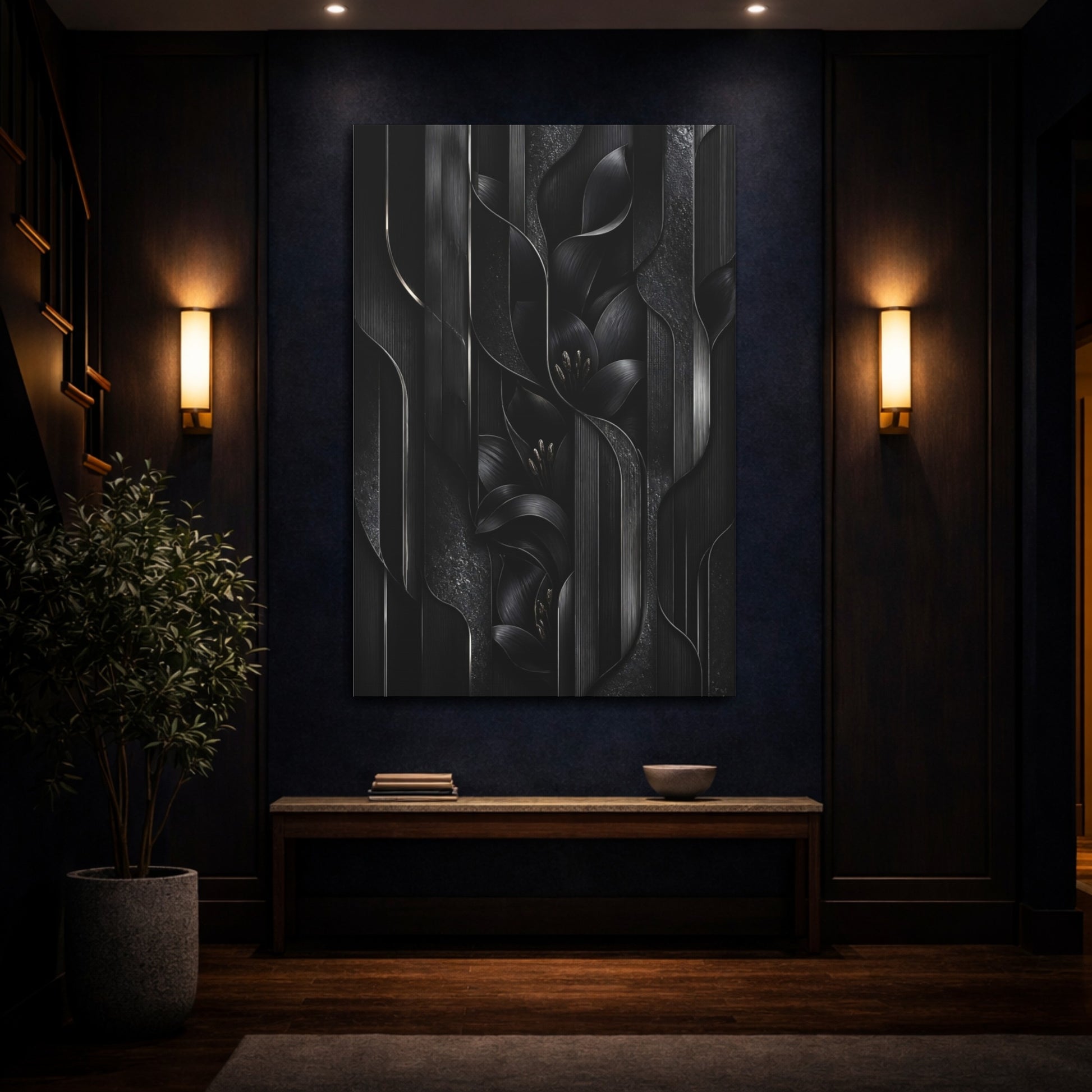 Mockup 4. Midnight Black Lily Panels shown as canvas print