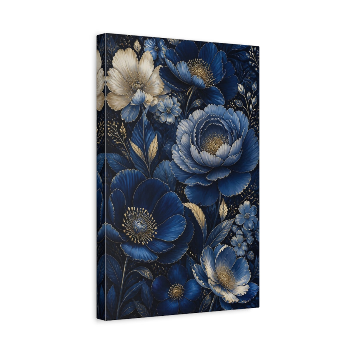 Side Mockup 4. Midnight Blue Flowers shown as canvas print