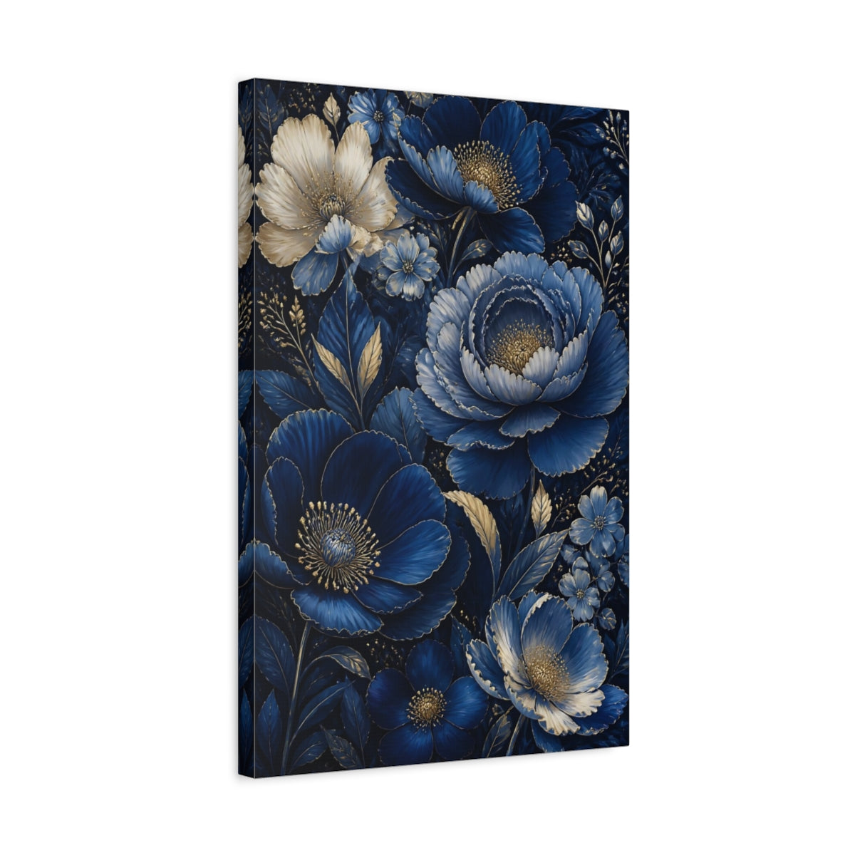 Side Mockup 3. Midnight Blue Flowers shown as canvas print