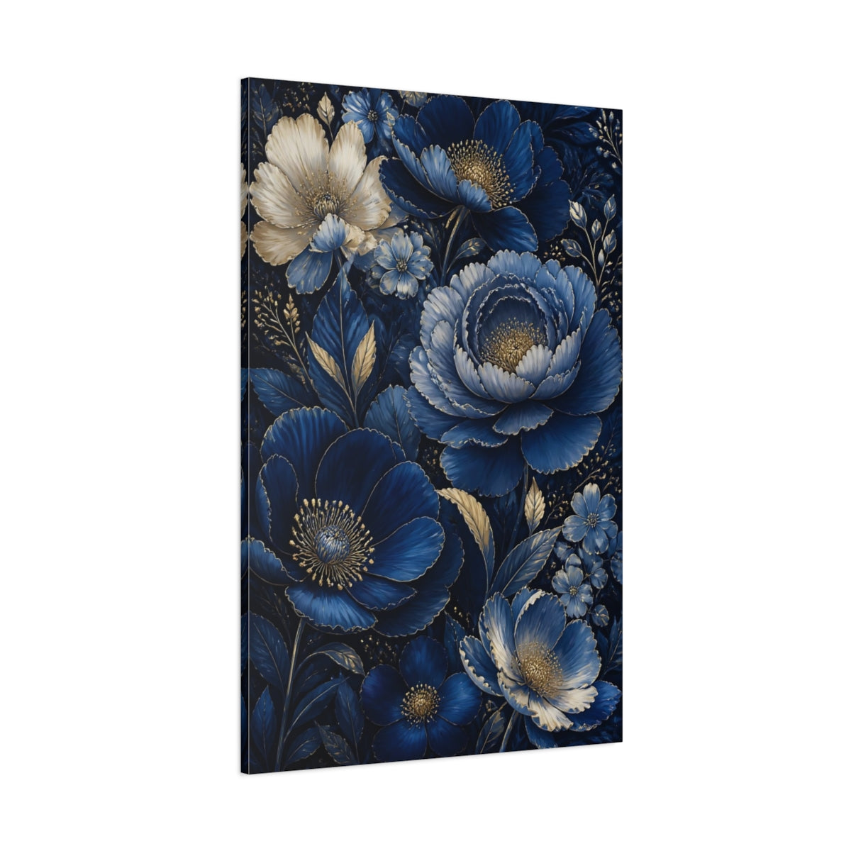 Side Mockup 1. Midnight Blue Flowers shown as canvas print