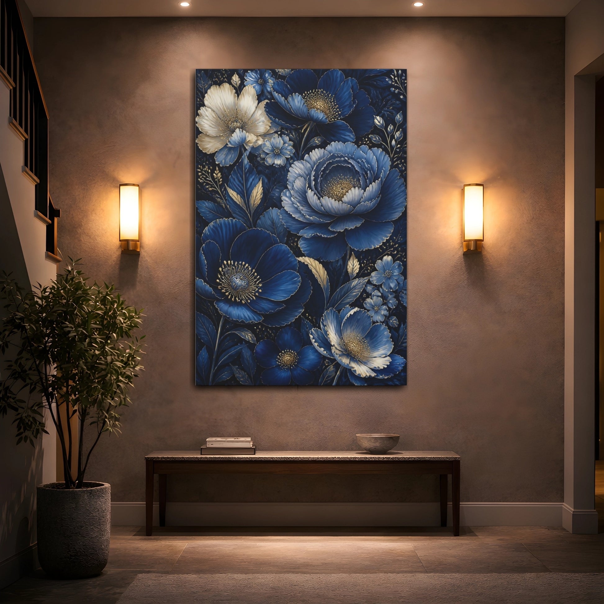 Mockup 2. Midnight Blue Flowers shown as canvas print