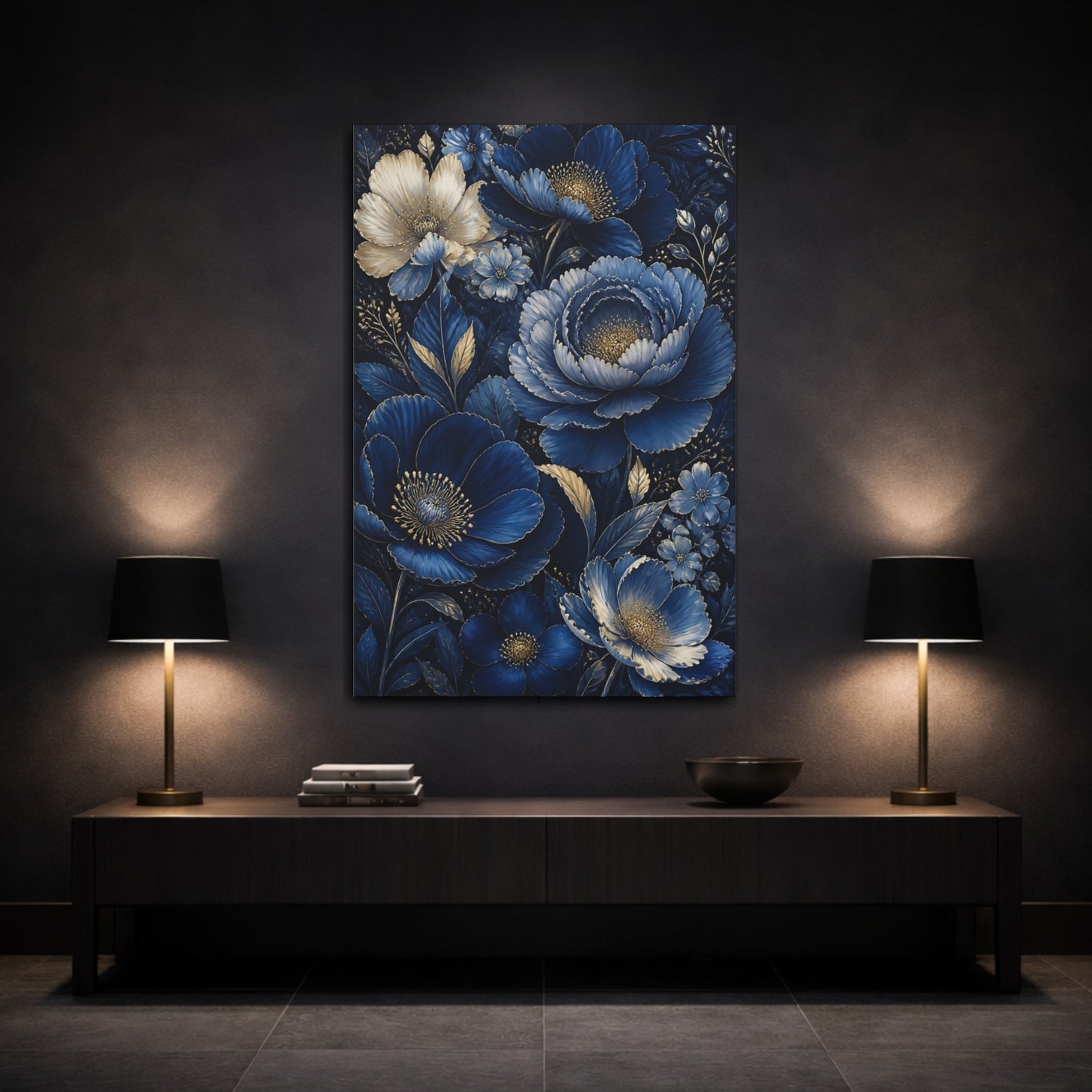 Mockup 3. Midnight Blue Flowers shown as canvas print
