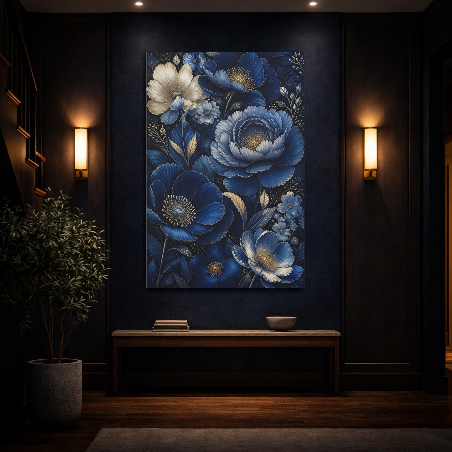 Mockup 4. Midnight Blue Flowers shown as canvas print