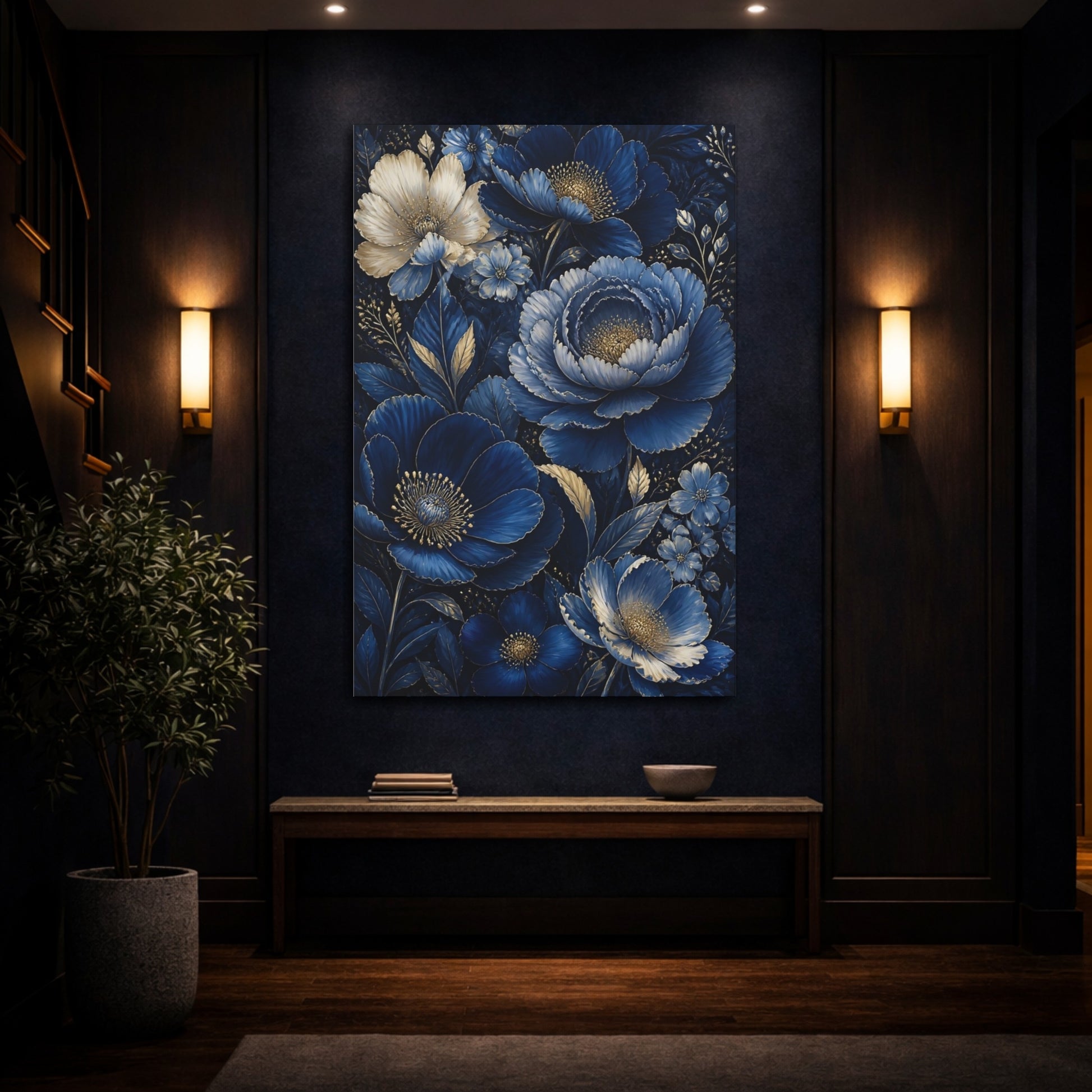 Mockup 4. Midnight Blue Flowers shown as canvas print