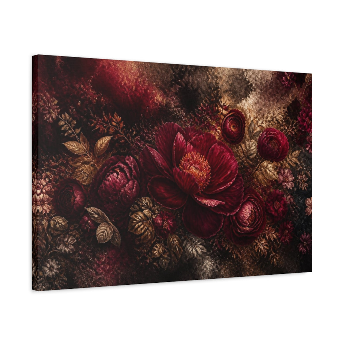 Side Mockup 2. Midnight Burgundy Peony shown as canvas print