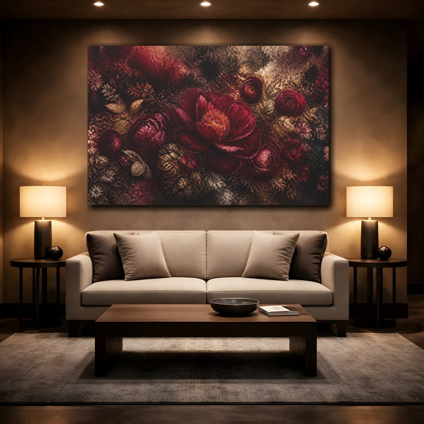 Mockup 2. Midnight Burgundy Peony shown as canvas print