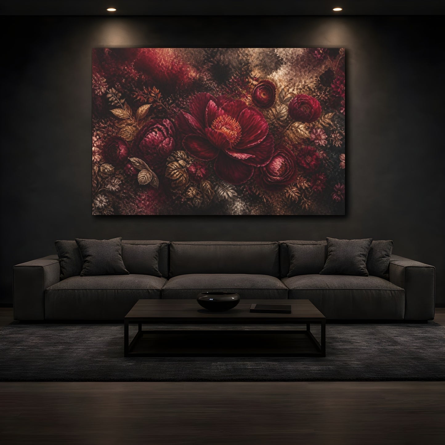 Mockup 3. Midnight Burgundy Peony shown as canvas print