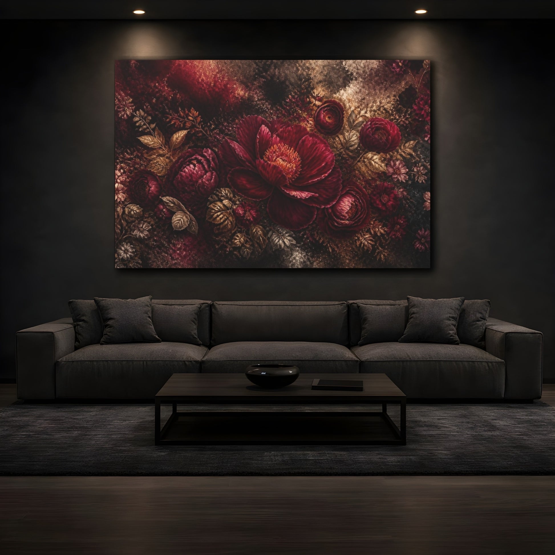 Mockup 3. Midnight Burgundy Peony shown as canvas print