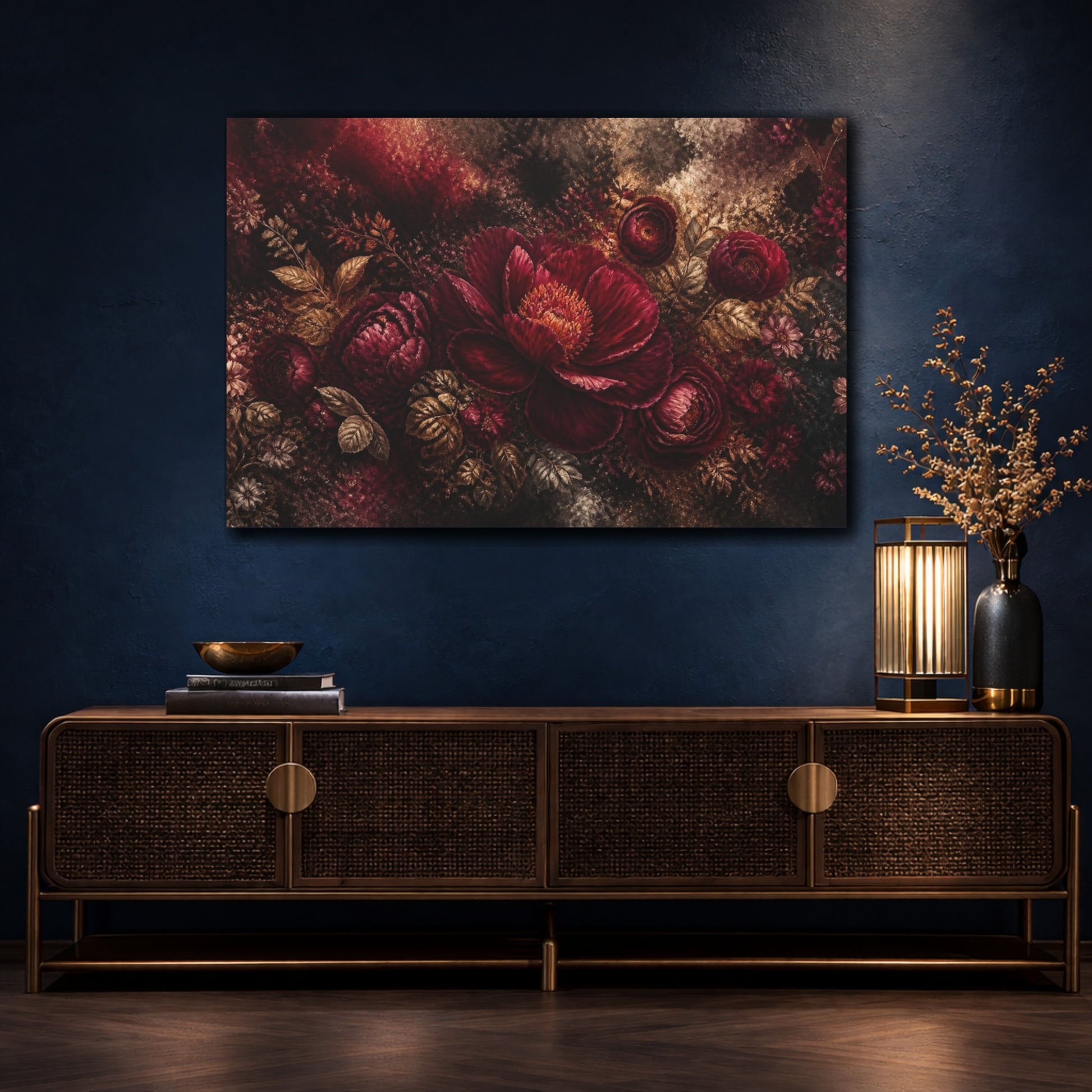 Mockup 4. Midnight Burgundy Peony shown as canvas print