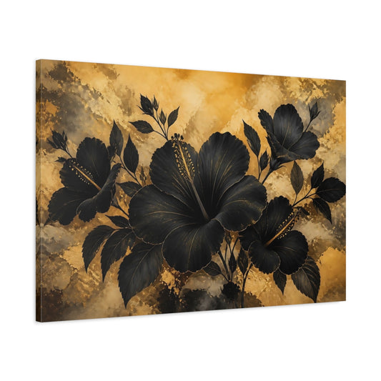 Main Mockup. Midnight Gold Hibiscus shown as canvas print