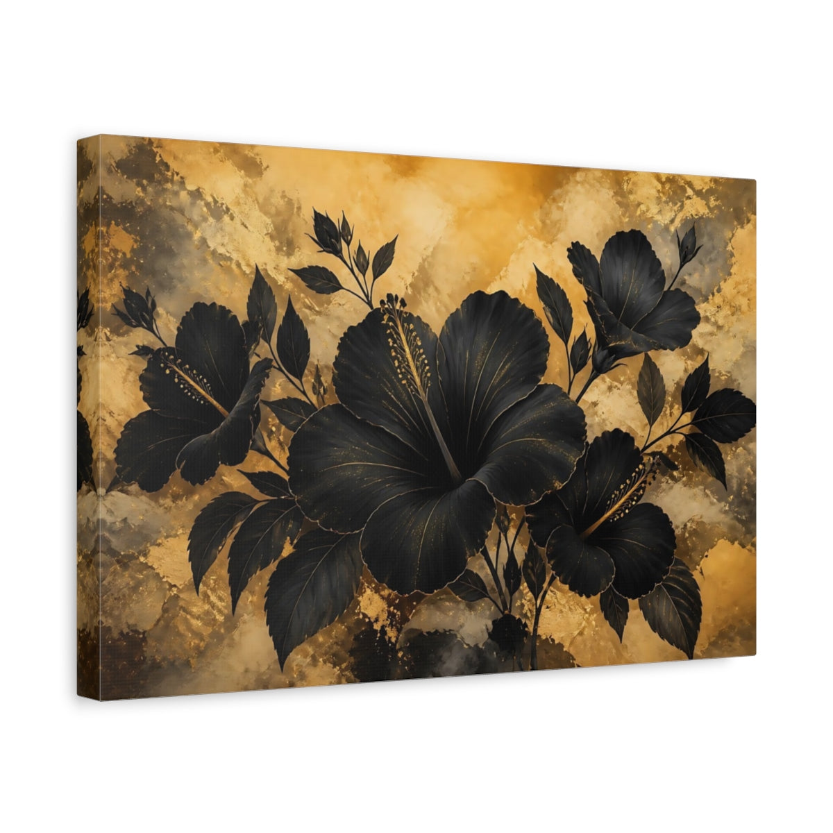 Side Mockup 4. Midnight Gold Hibiscus shown as canvas print