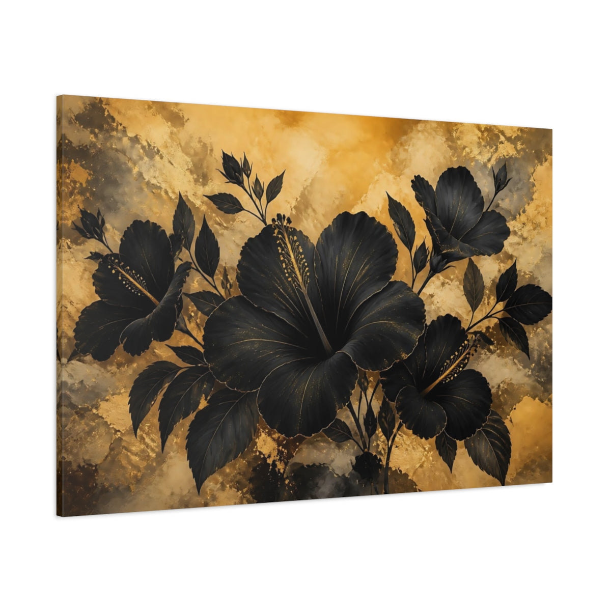 Side Mockup 1. Midnight Gold Hibiscus shown as canvas print