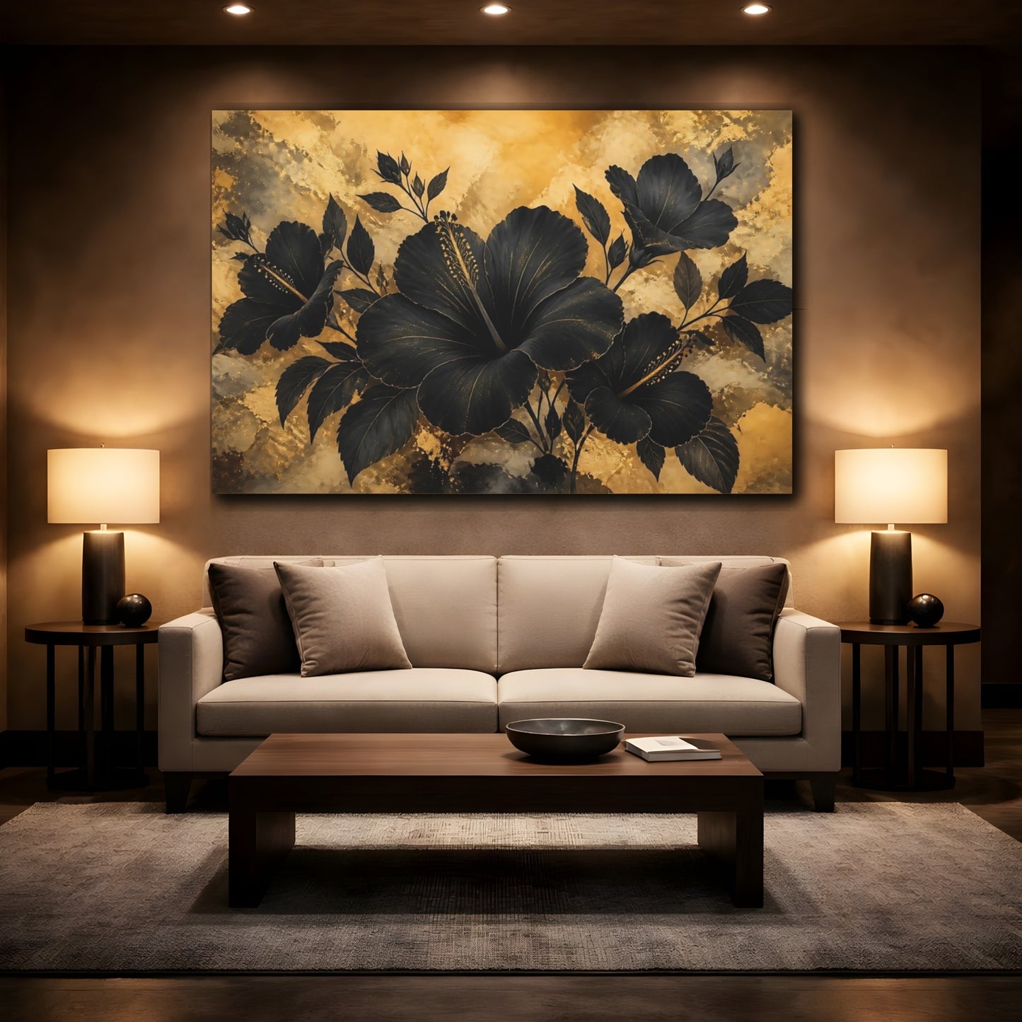 Mockup 2. Midnight Gold Hibiscus shown as canvas print