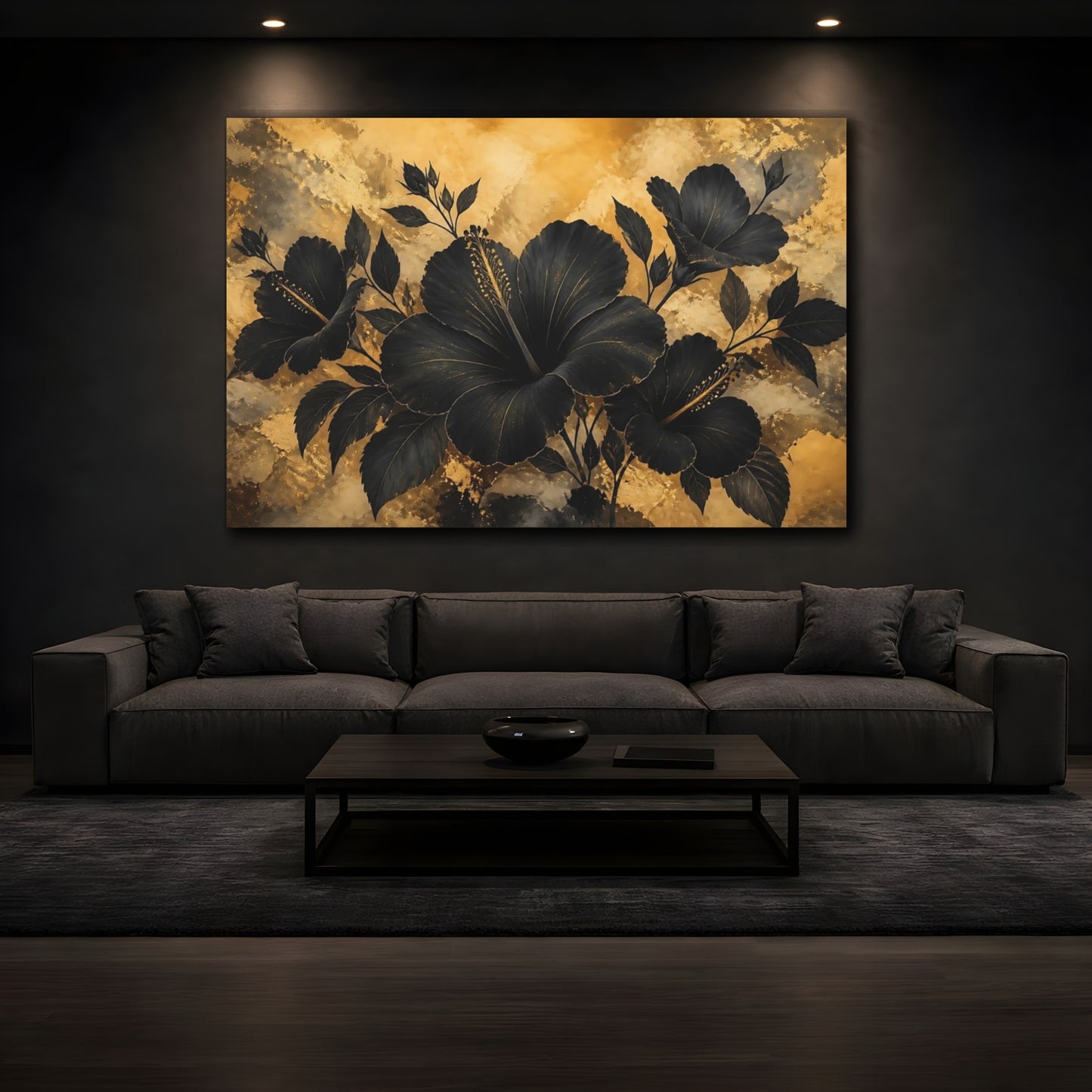 Mockup 3. Midnight Gold Hibiscus shown as canvas print
