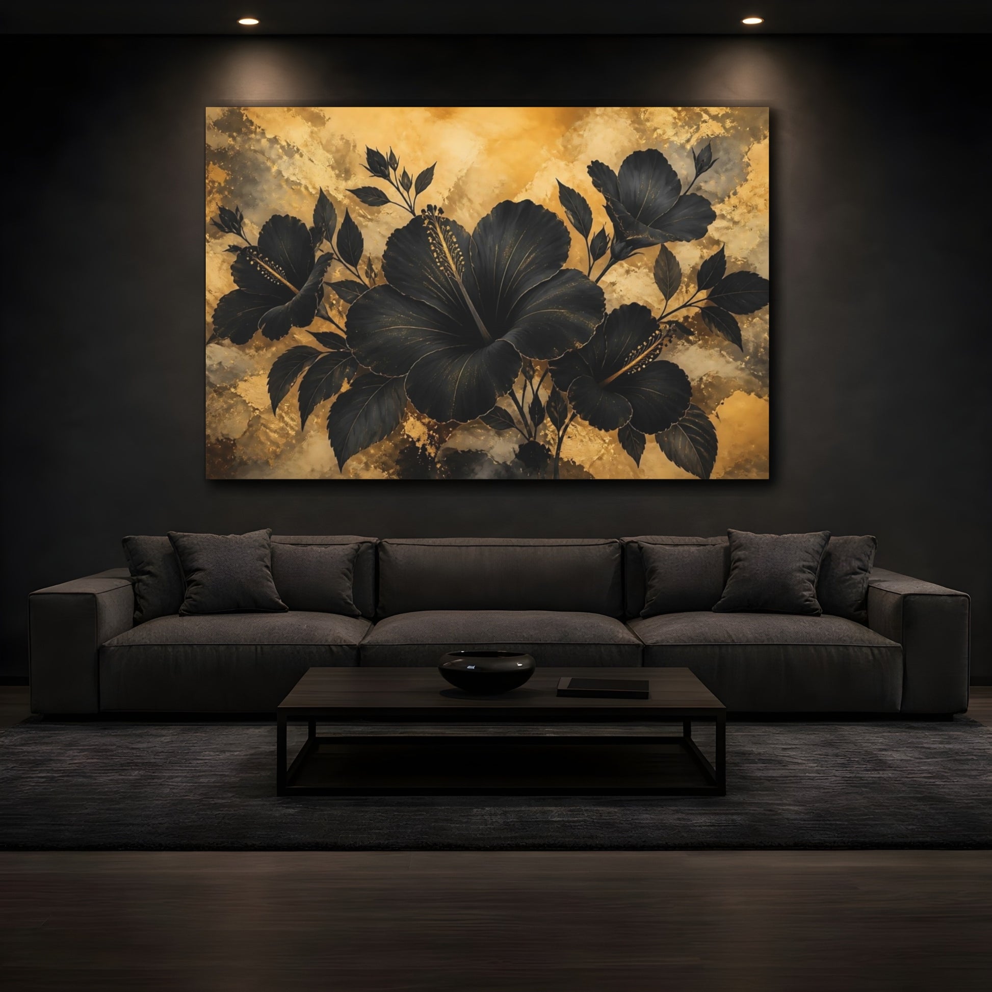 Mockup 3. Midnight Gold Hibiscus shown as canvas print