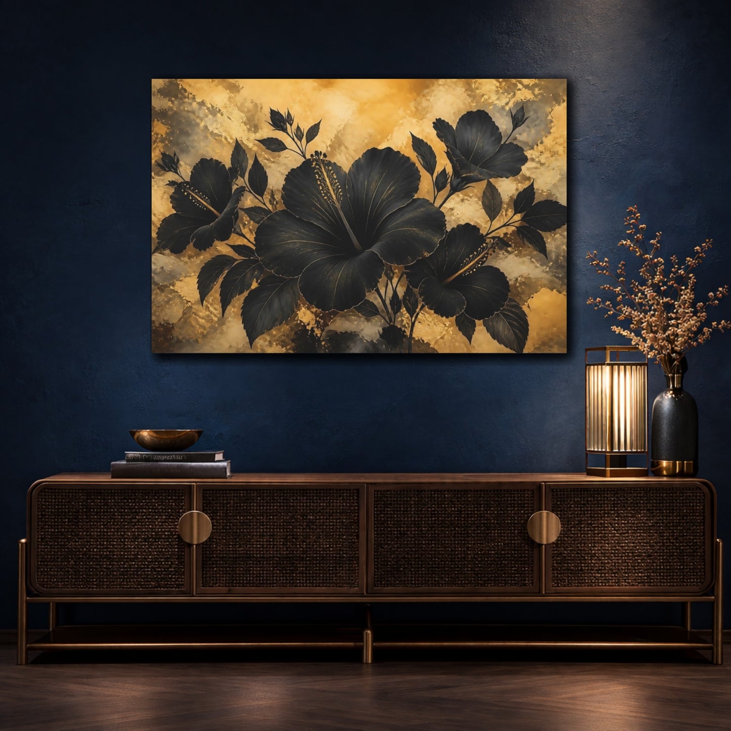 Mockup 4. Midnight Gold Hibiscus shown as canvas print