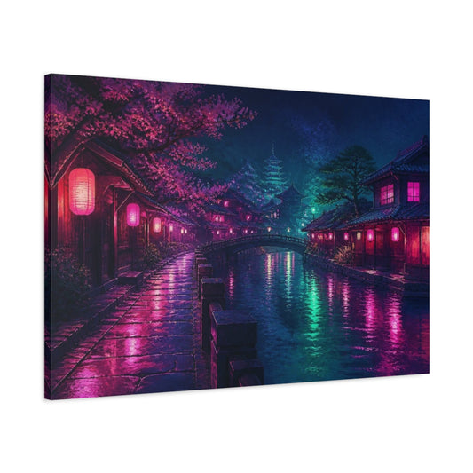 Main Mockup. Midnight Neon Canal shown as canvas print