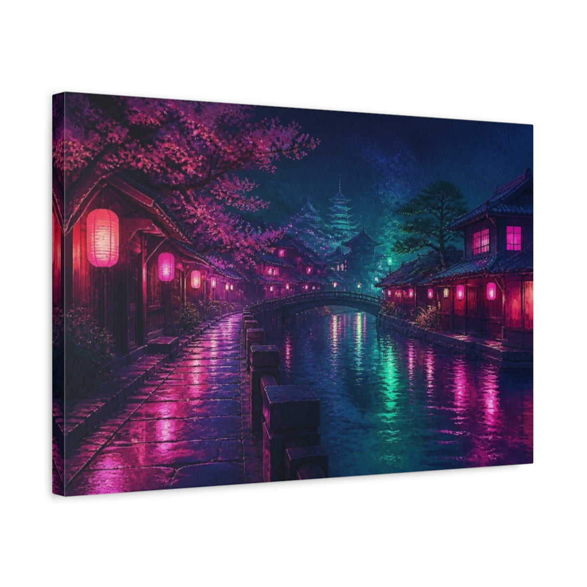 Side Mockup 3. Midnight Neon Canal shown as canvas print