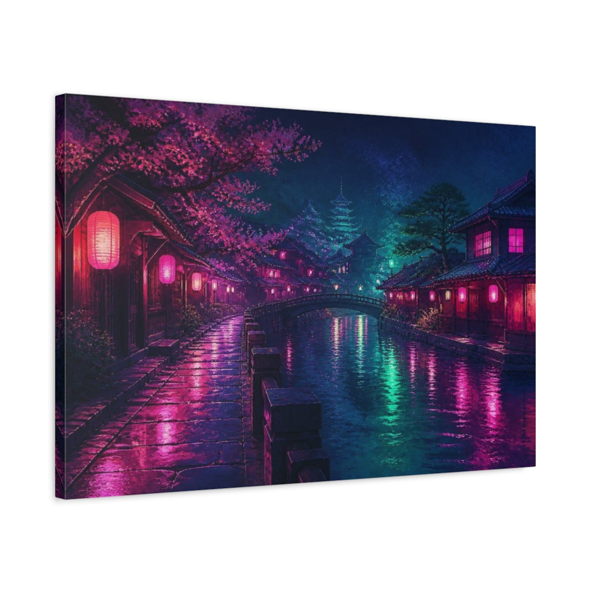 Side Mockup 2. Midnight Neon Canal shown as canvas print