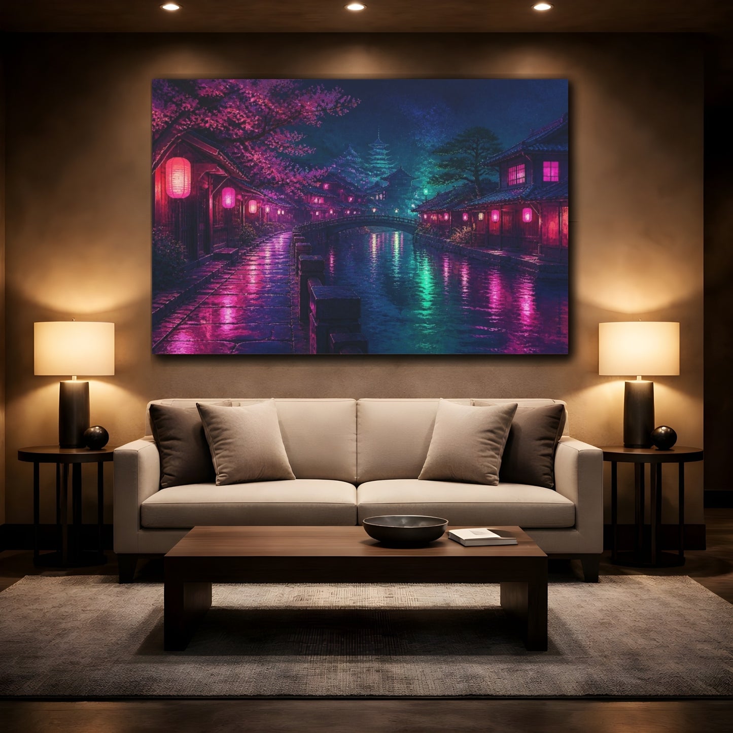 Mockup 2. Midnight Neon Canal shown as canvas print