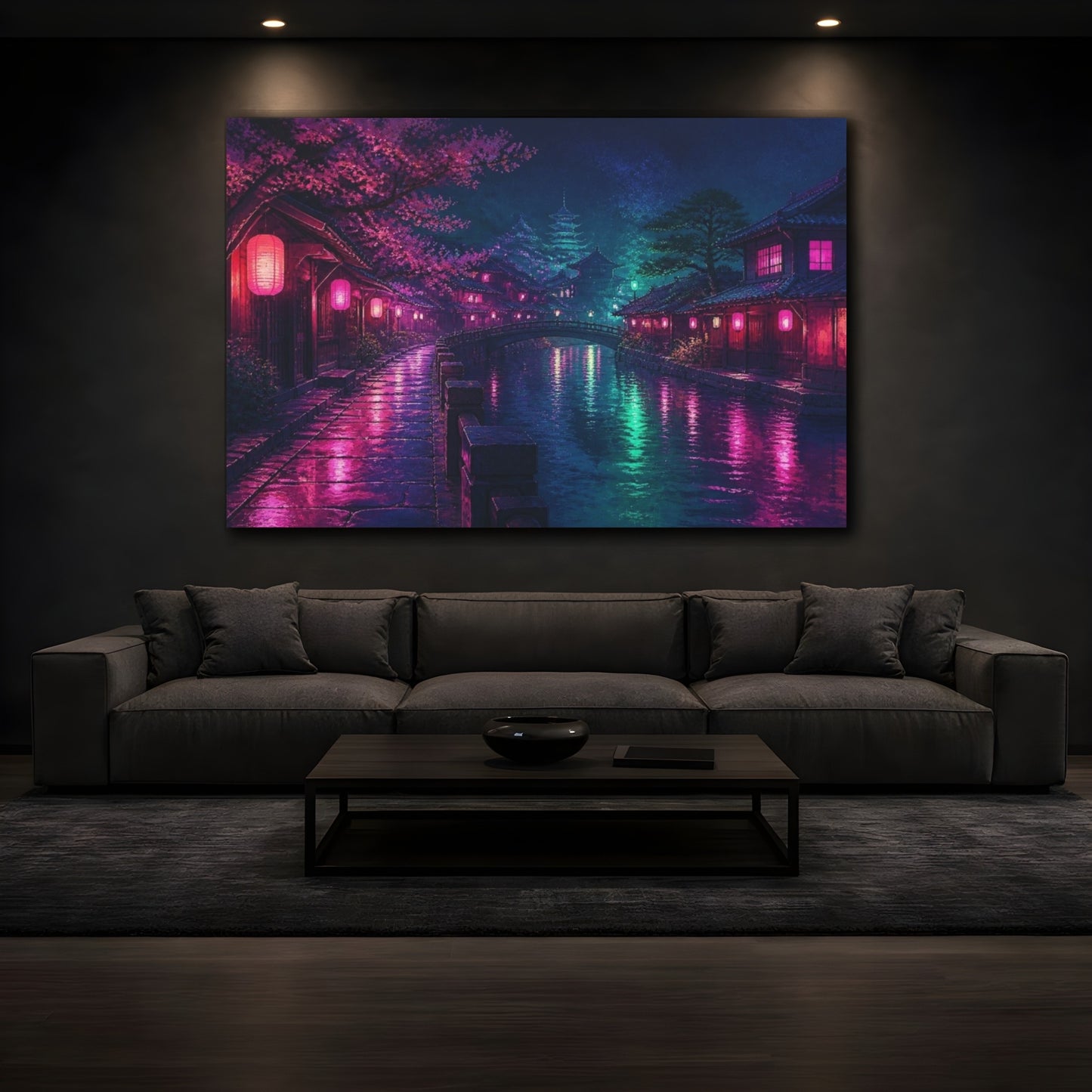 Mockup 3. Midnight Neon Canal shown as canvas print