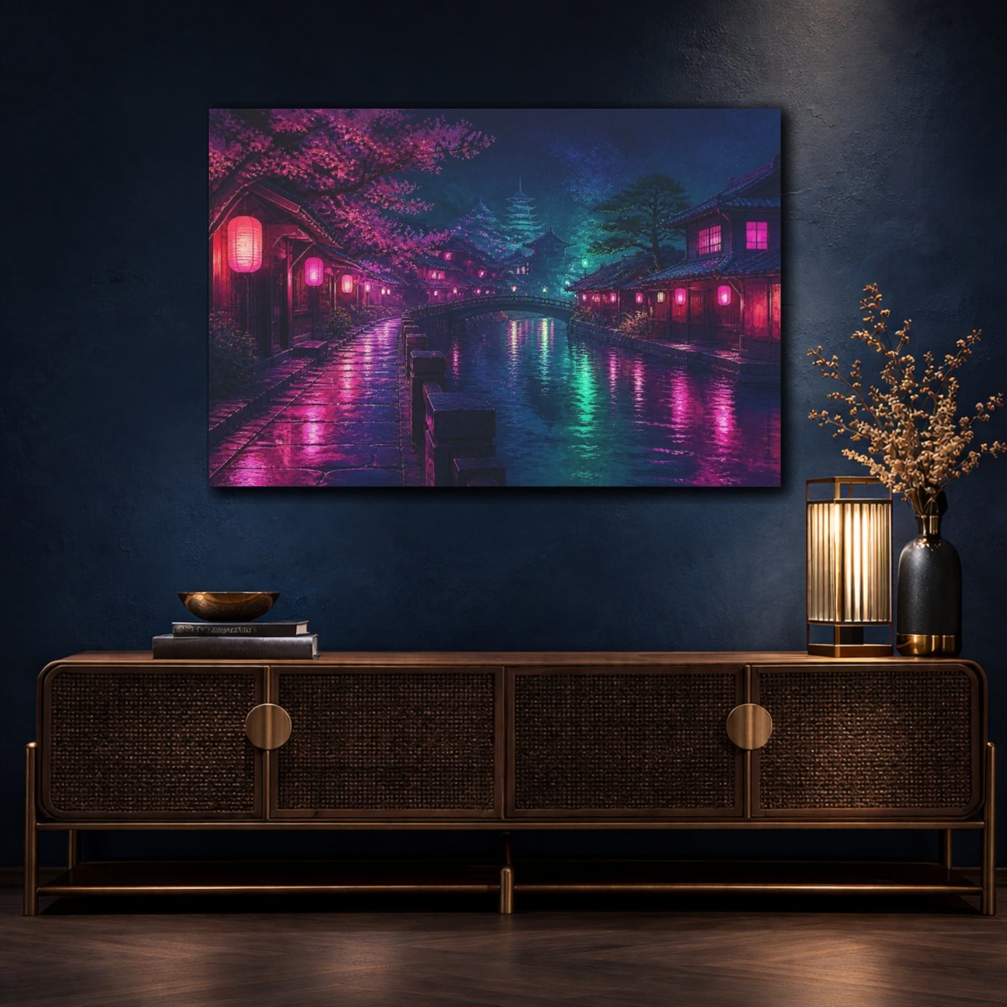 Mockup 4. Midnight Neon Canal shown as canvas print