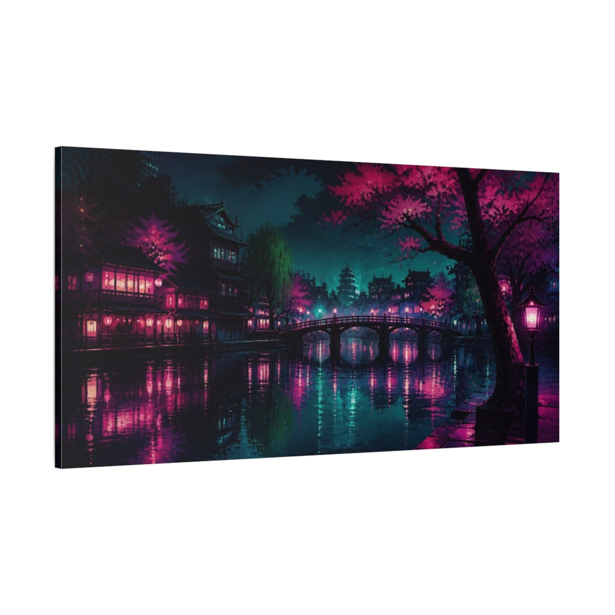 Side Mockup 2. Midnight Sakura Canal shown as canvas print