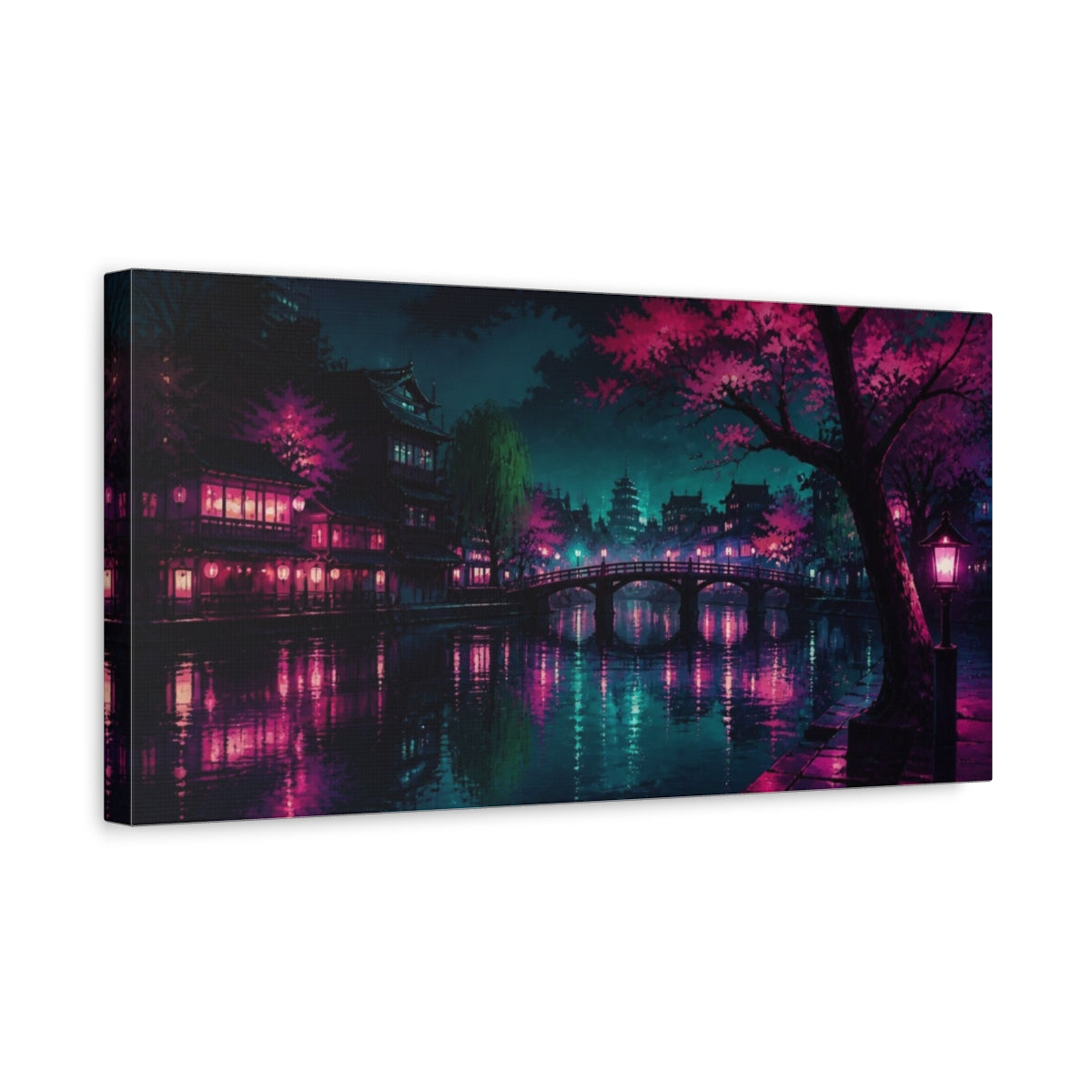 Side Mockup 3. Midnight Sakura Canal shown as canvas print