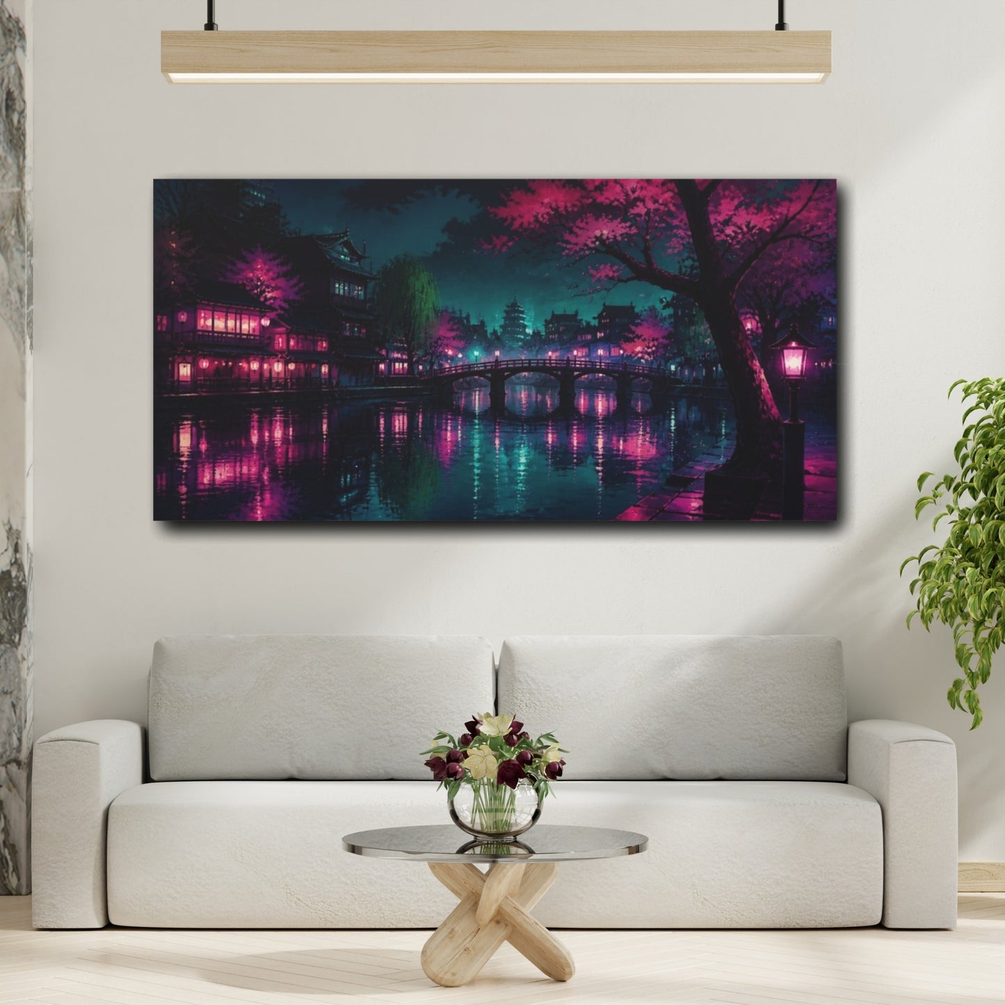 Mockup 2. Midnight Sakura Canal shown as canvas print