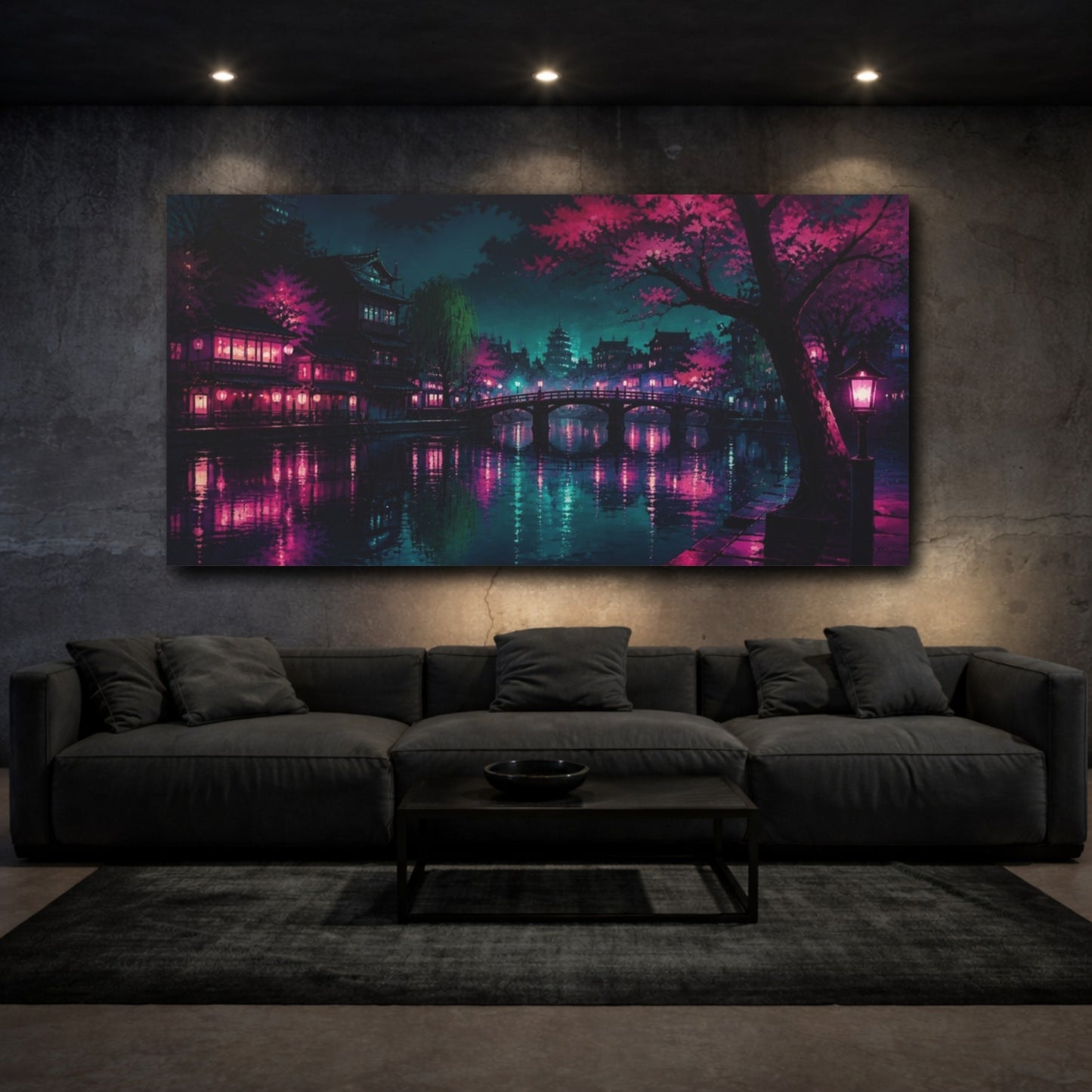 Mockup 3. Midnight Sakura Canal shown as canvas print
