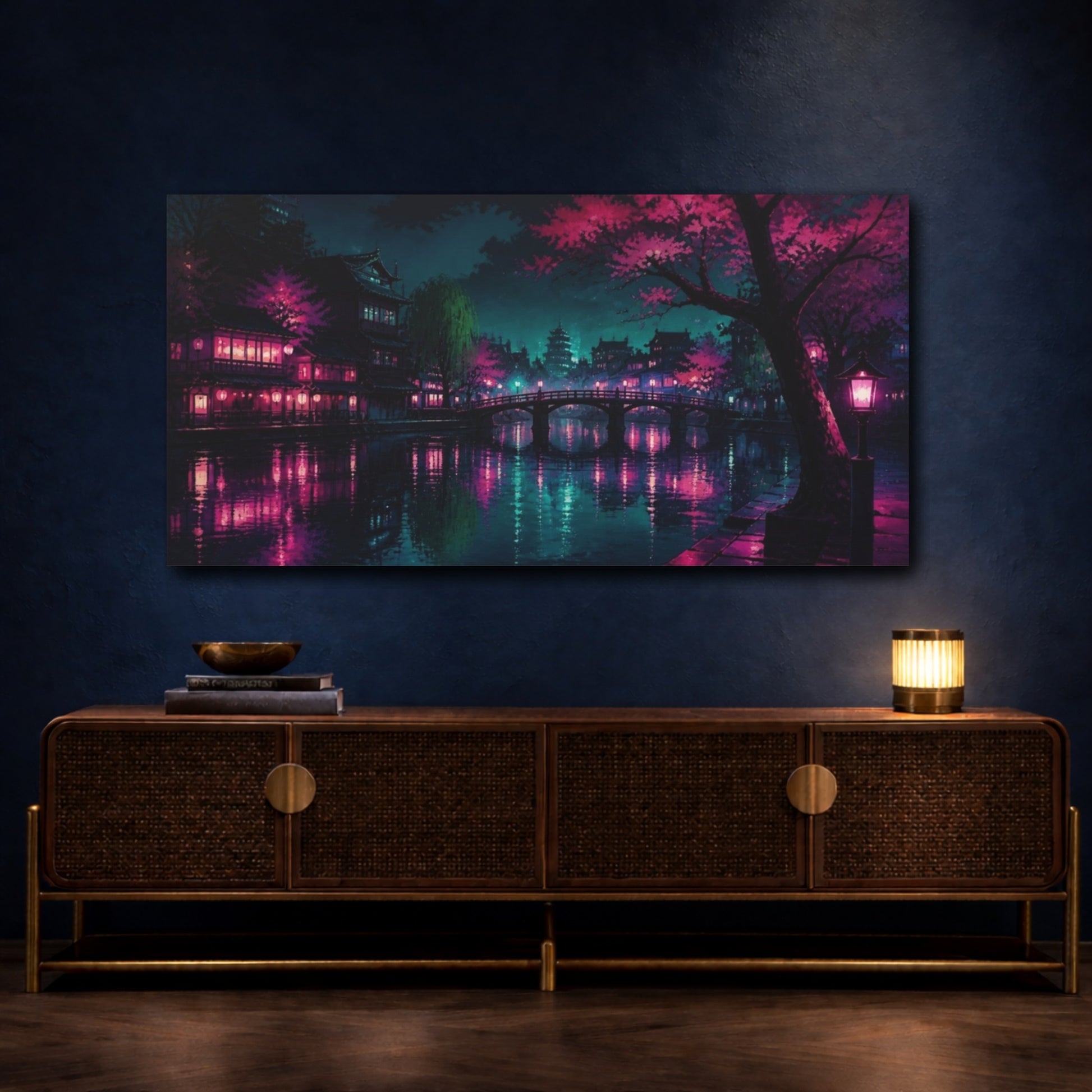 Mockup 4. Midnight Sakura Canal shown as canvas print
