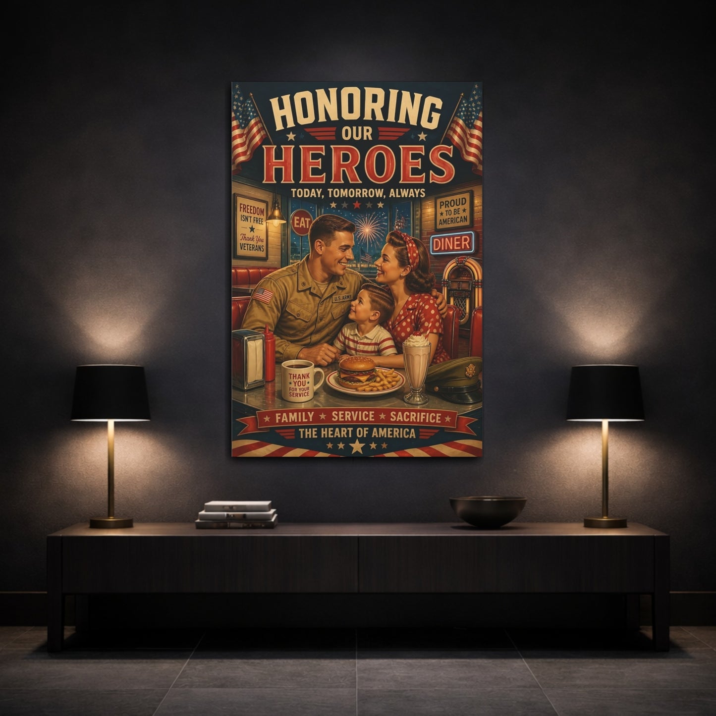 Mockup 3. Military Family Diner Tribute shown as canvas print