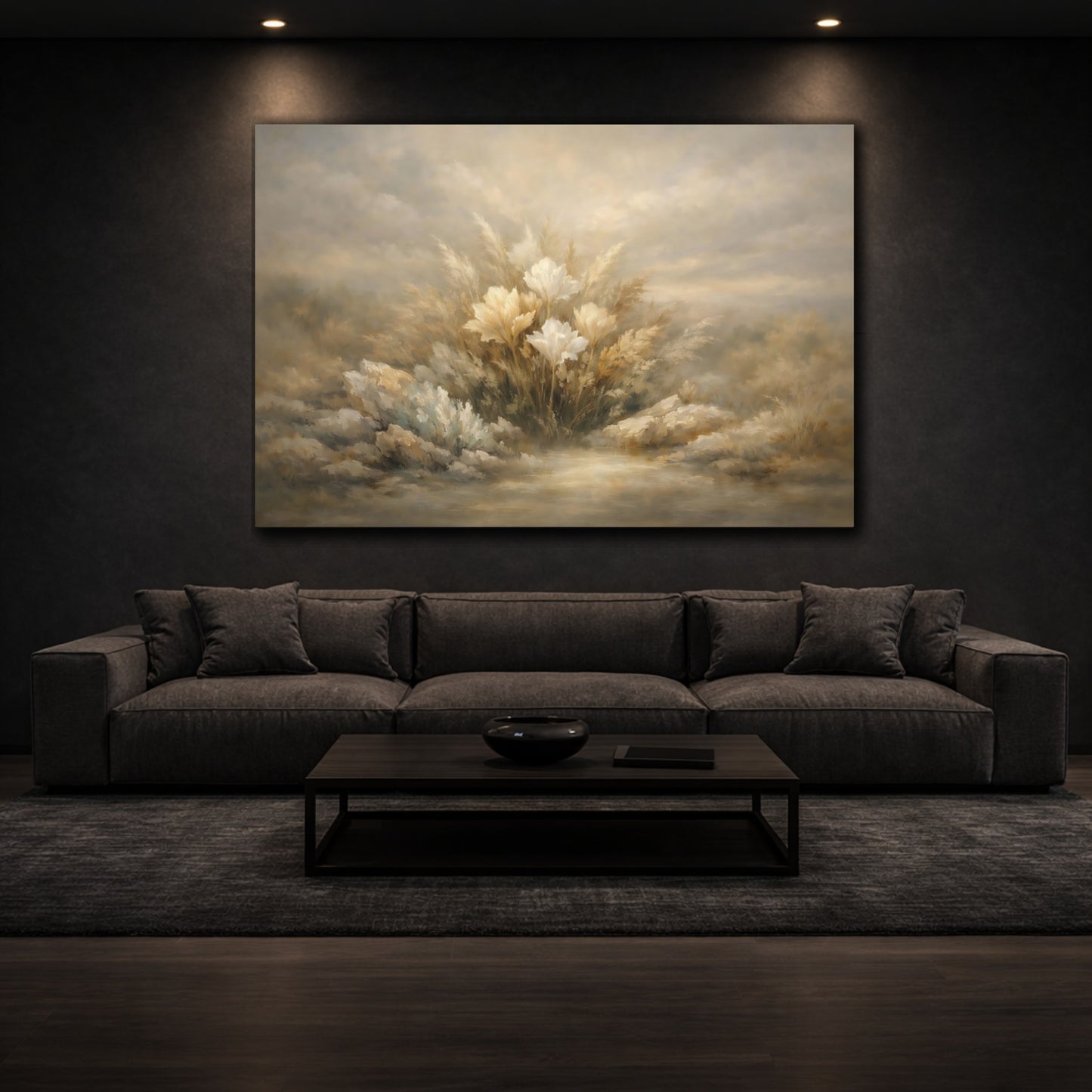 Mockup 2. Mineral Abstract Botanical Dramatic Shadow Field shown as stretched canvas wall art