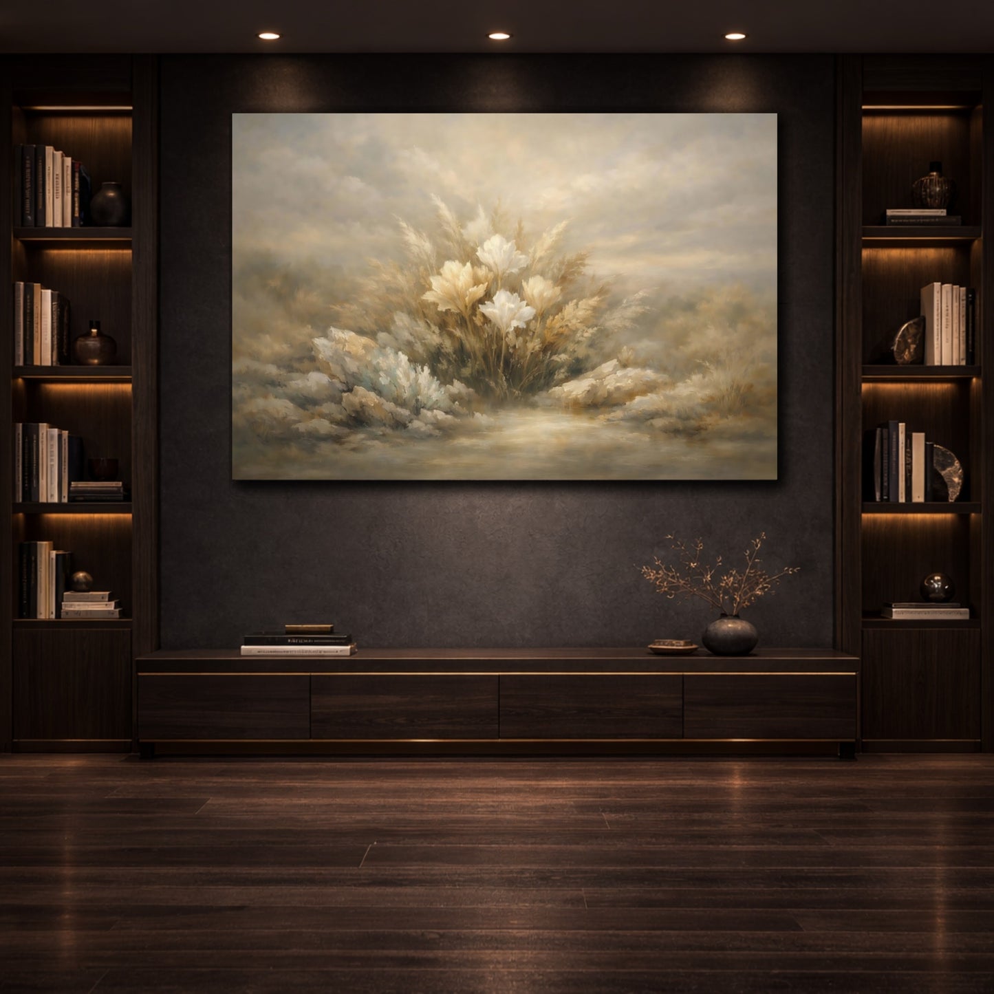 Mockup 3. Mineral Abstract Botanical Dramatic Shadow Field shown as stretched canvas wall art