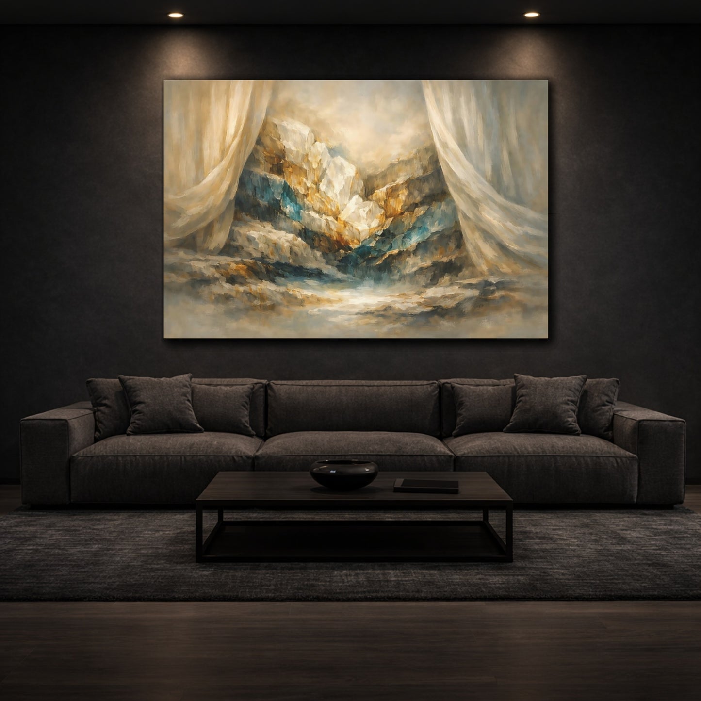Mockup 2. Mineral Abstract Curtain Hard Light Cut shown as stretched canvas wall art