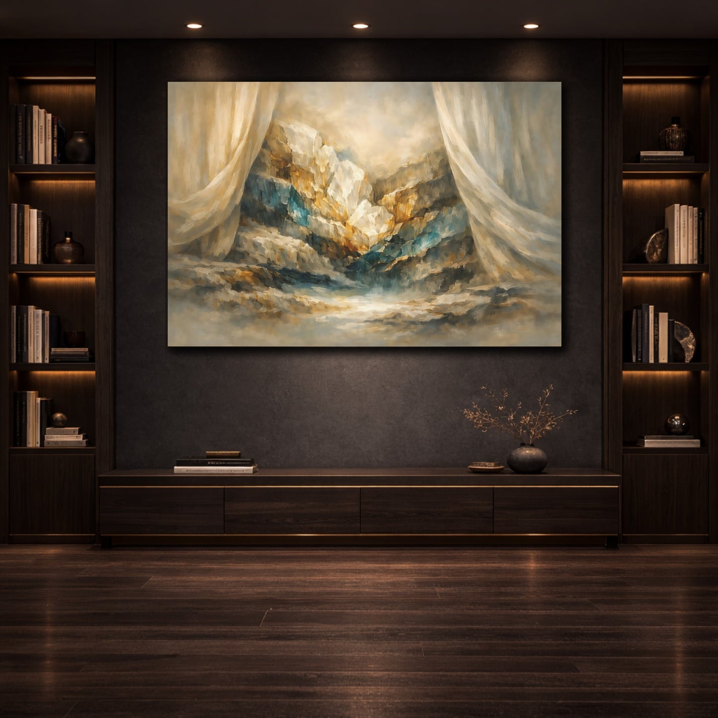 Mockup 3. Mineral Abstract Curtain Hard Light Cut shown as stretched canvas wall art