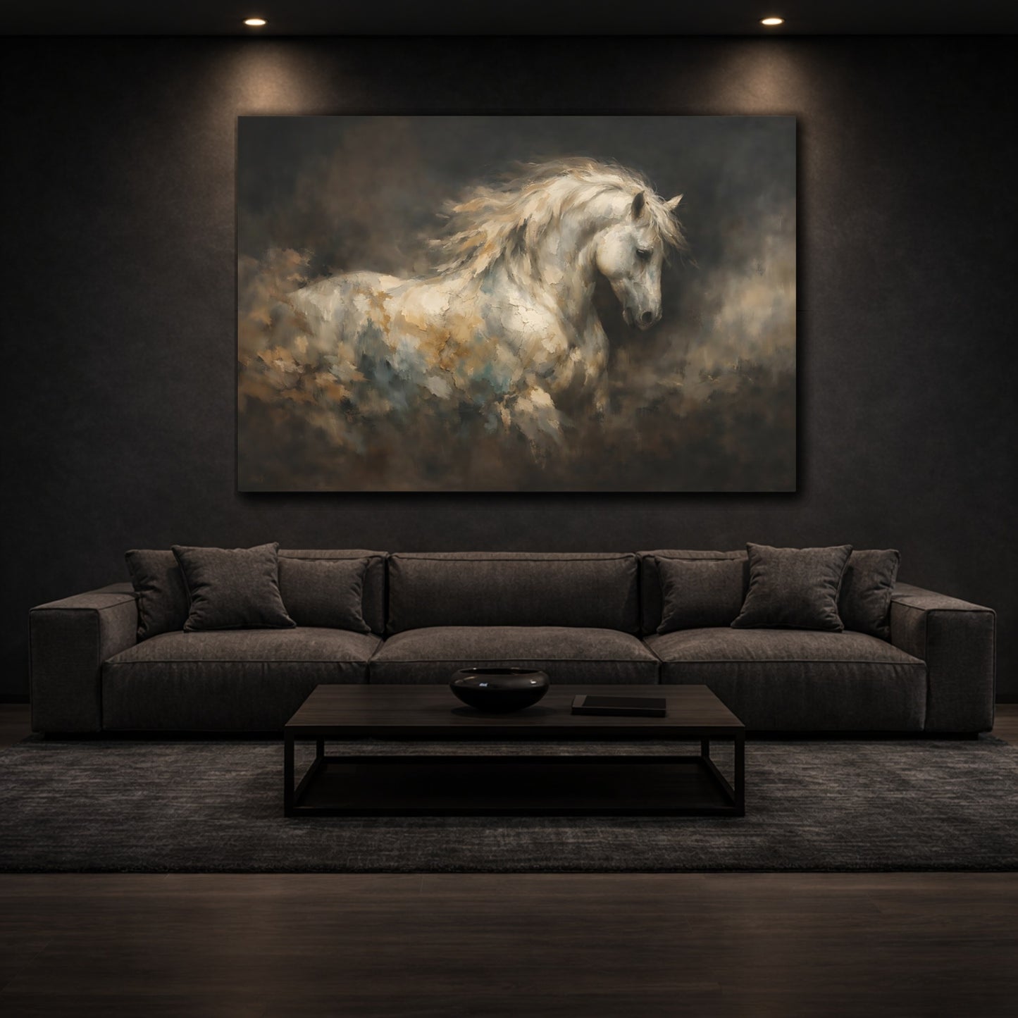 Mockup 2. Mineral Abstract Horse Dark Background Contrast shown as stretched canvas wall art