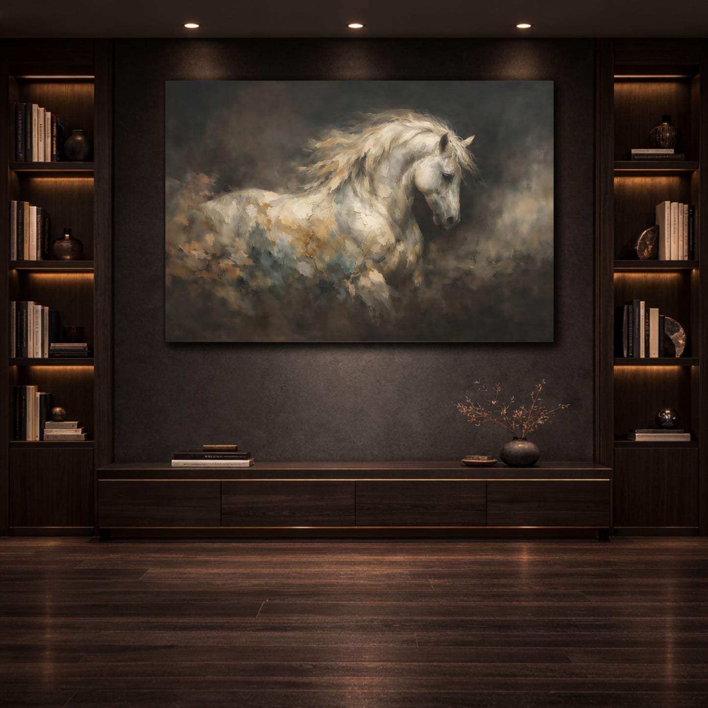 Mockup 3. Mineral Abstract Horse Dark Background Contrast shown as stretched canvas wall art