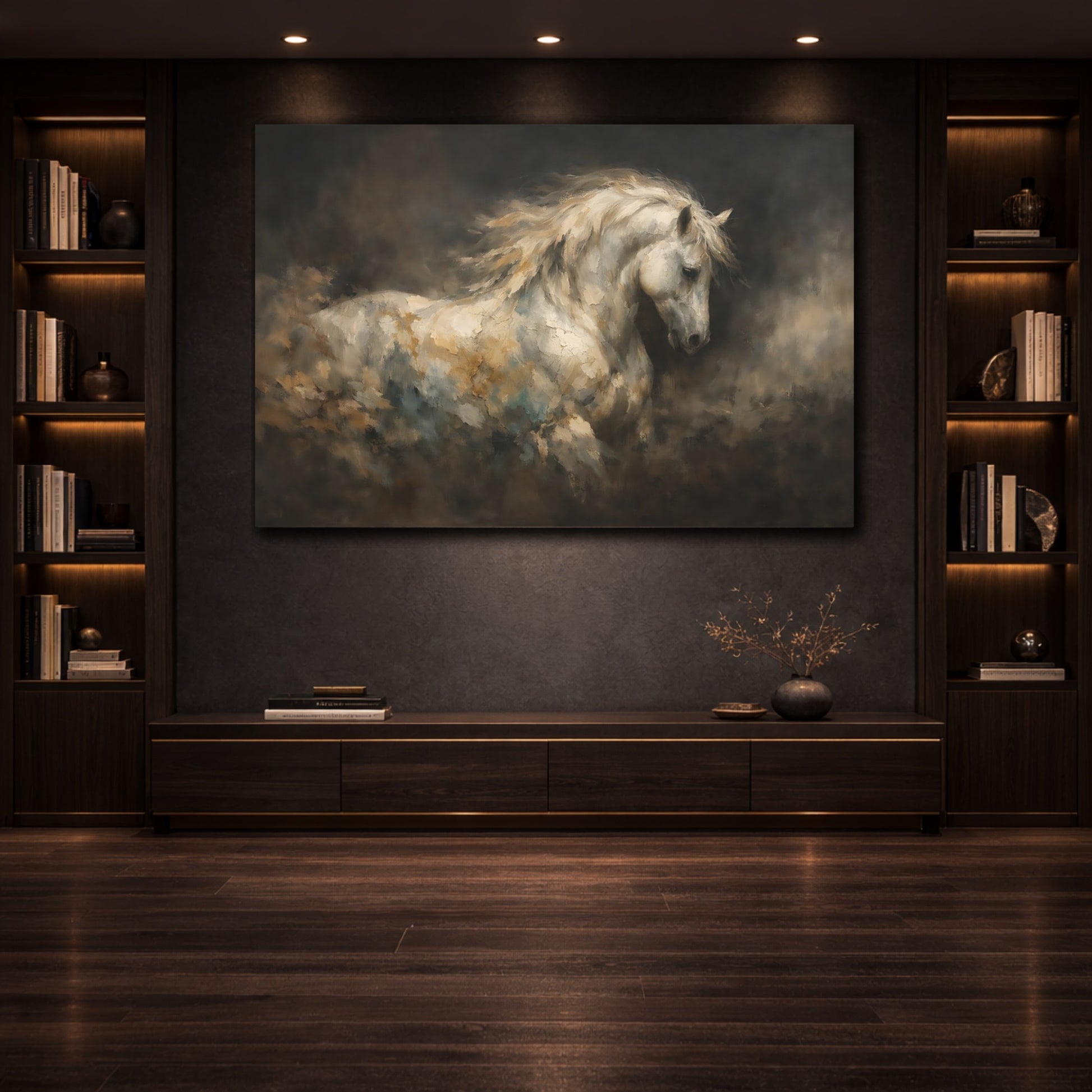 Mockup 3. Mineral Abstract Horse Dark Background Contrast shown as stretched canvas wall art