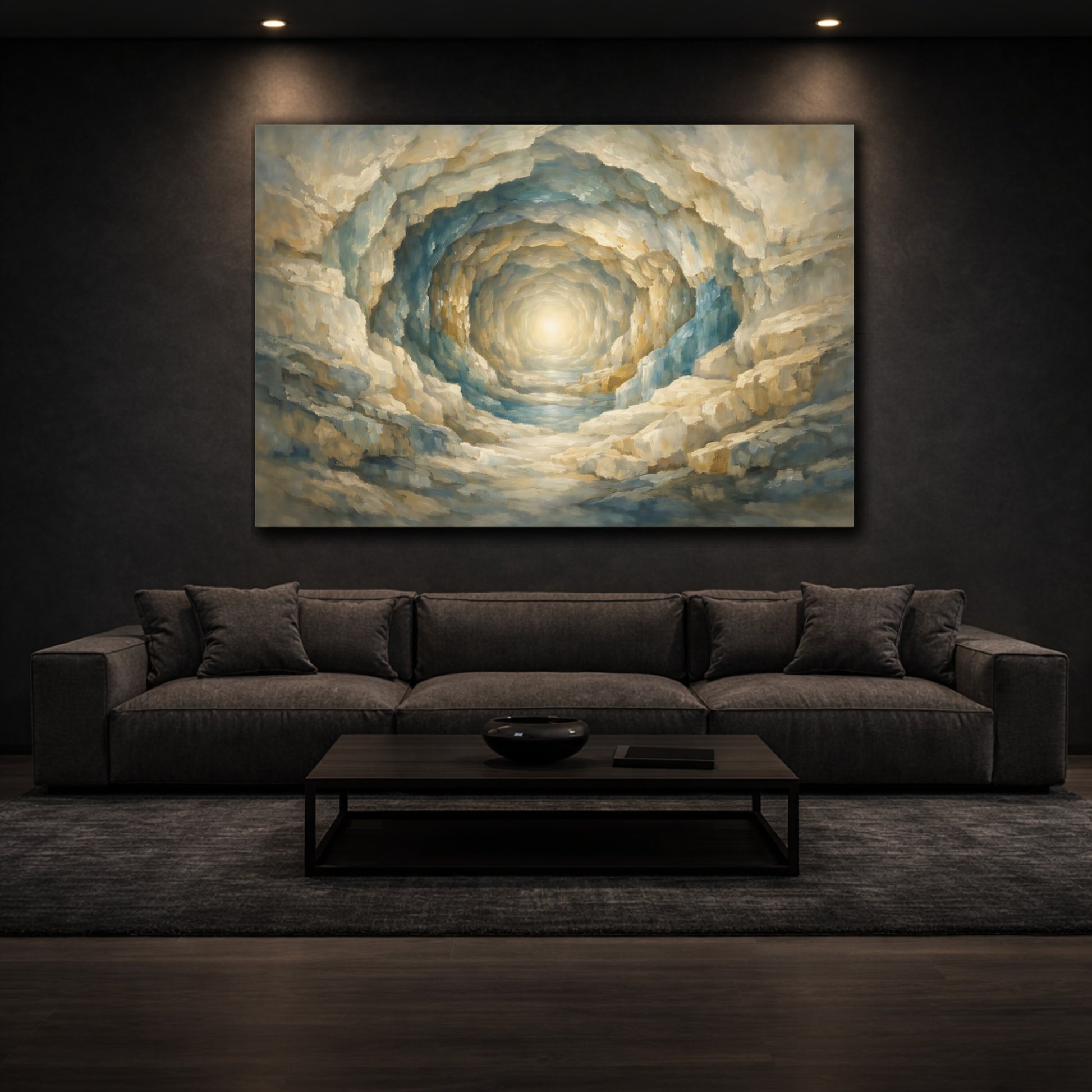 Mockup 2. Mineral Abstract Infinite Tunnel Illusion Composition shown as stretched canvas wall art