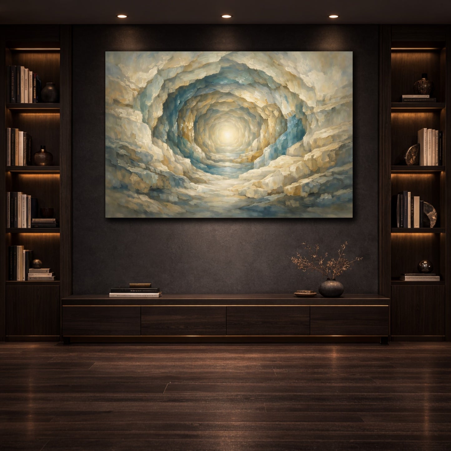 Mockup 3. Mineral Abstract Infinite Tunnel Illusion Composition shown as stretched canvas wall art