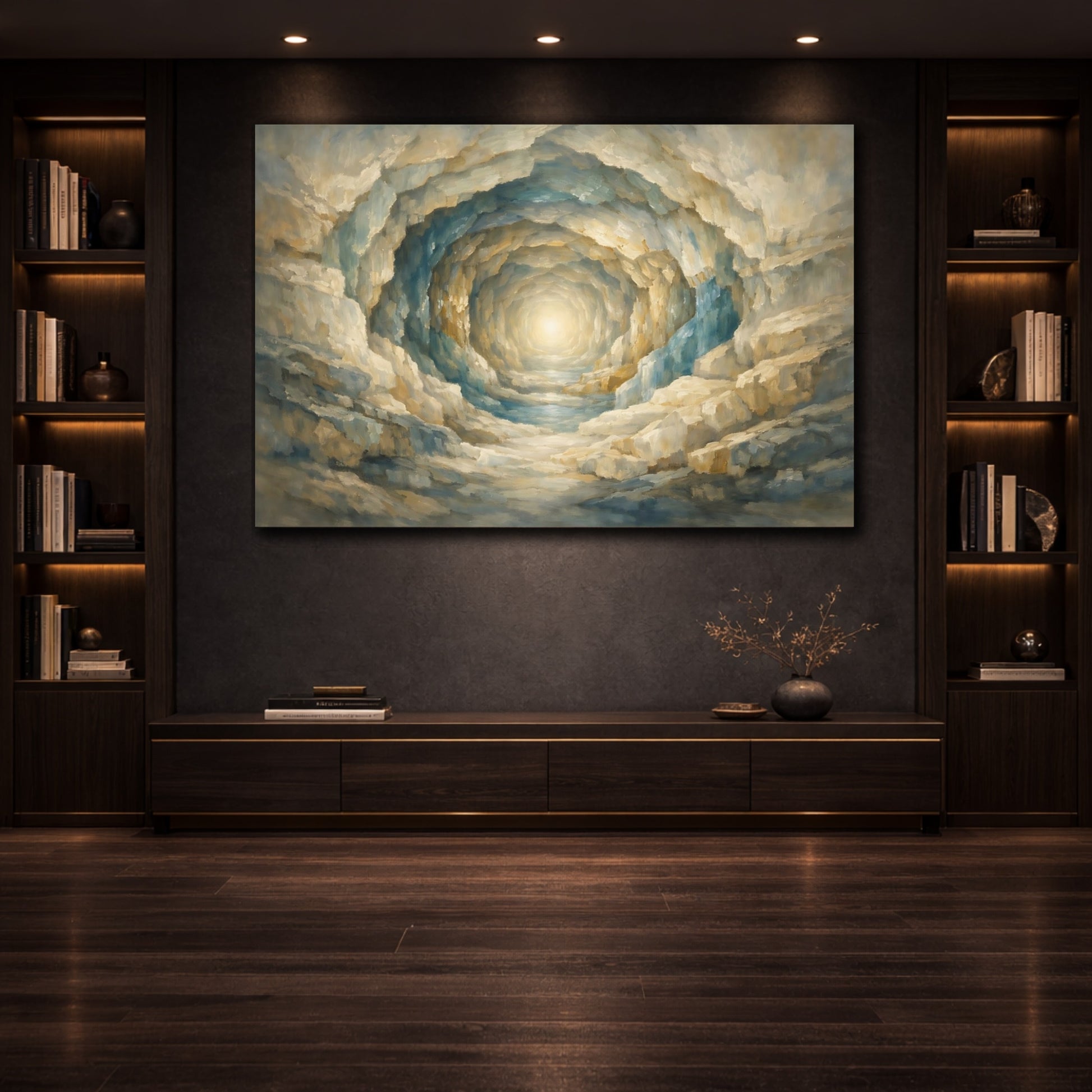 Mockup 3. Mineral Abstract Infinite Tunnel Illusion Composition shown as stretched canvas wall art