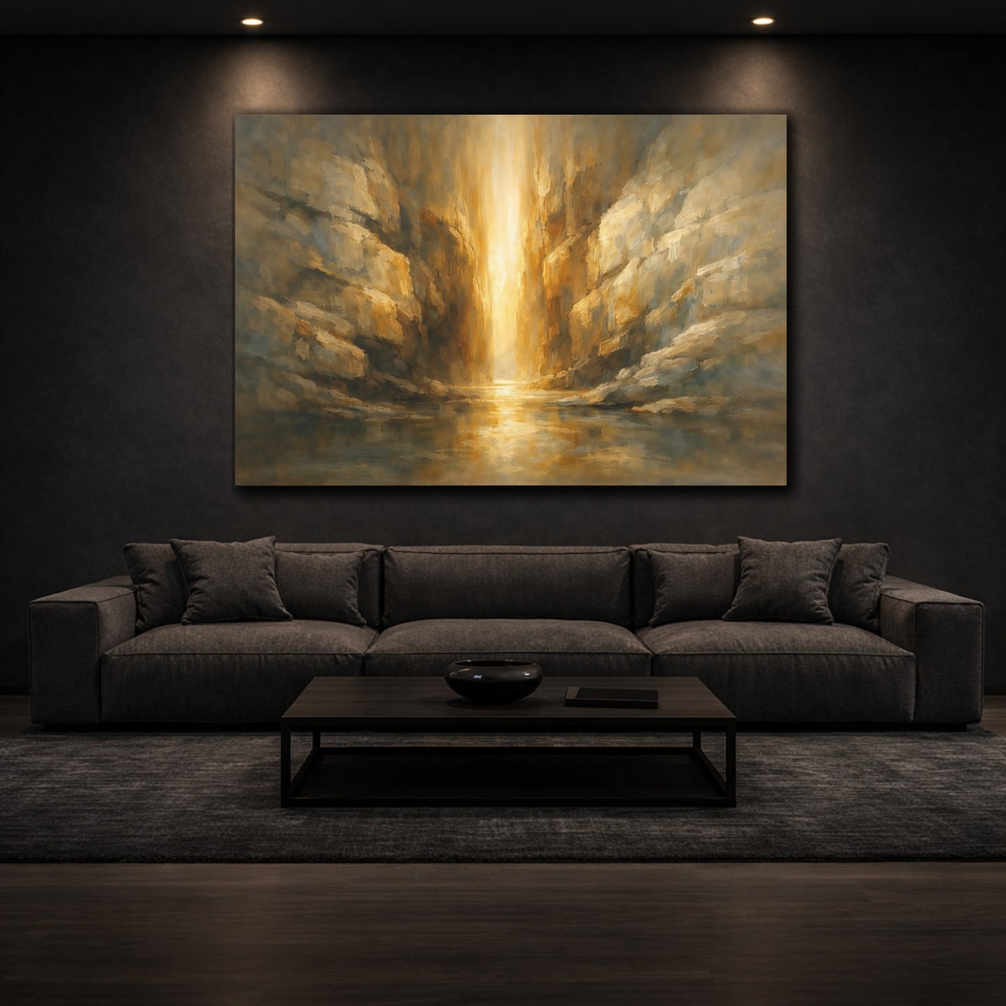 Mockup 2. Mineral Abstract Narrow Light Passage Scene shown as stretched canvas wall art