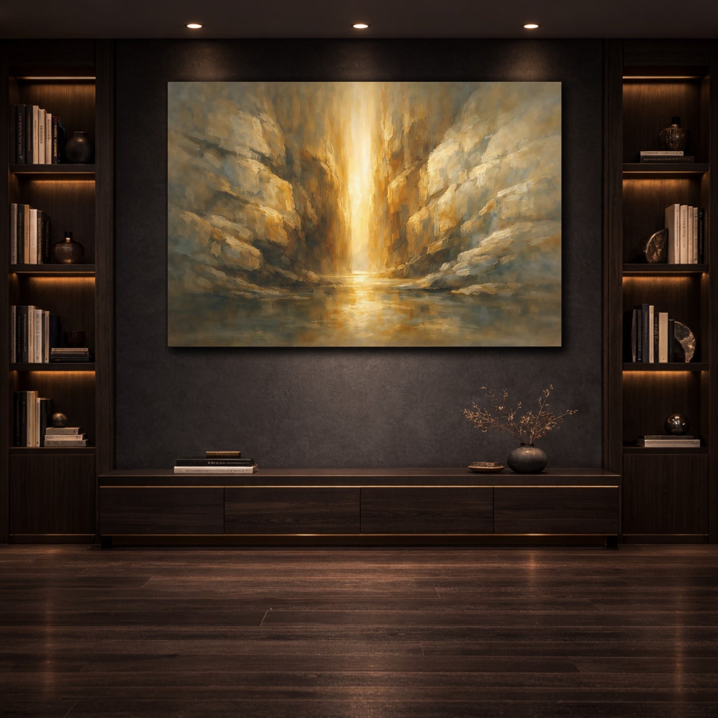 Mockup 3. Mineral Abstract Narrow Light Passage Scene shown as stretched canvas wall art