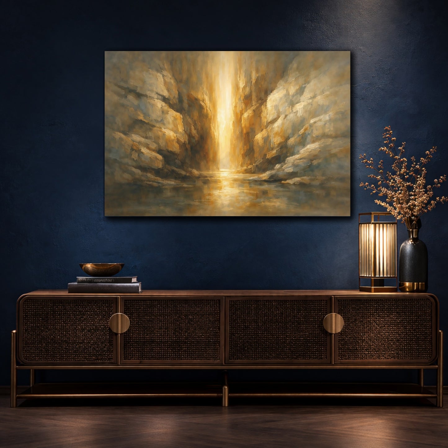 Mockup 4. Mineral Abstract Narrow Light Passage Scene shown as stretched canvas wall art