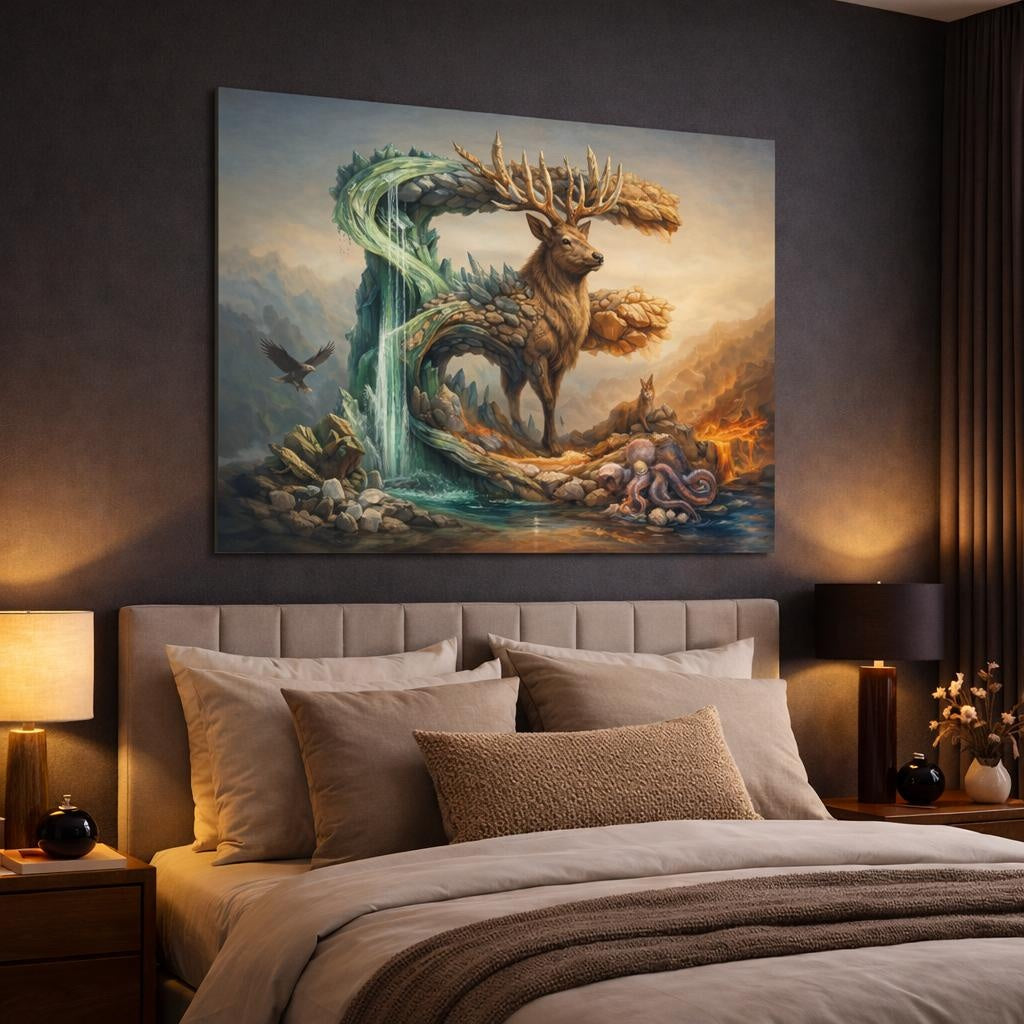 Mineral Flow Animal Alphabet shown as canvas wall art in a luxury bedroom