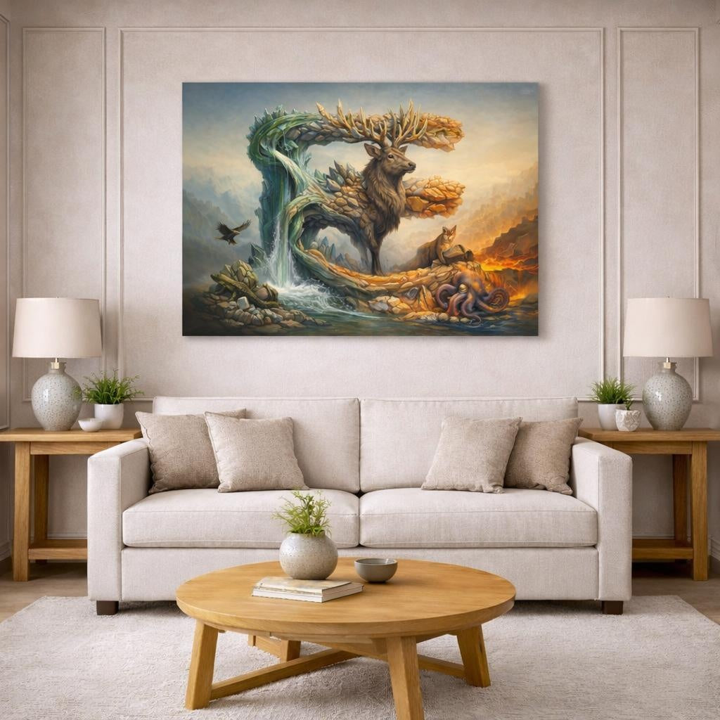 Mineral Flow Animal Alphabet shown as canvas wall art in a modern living room